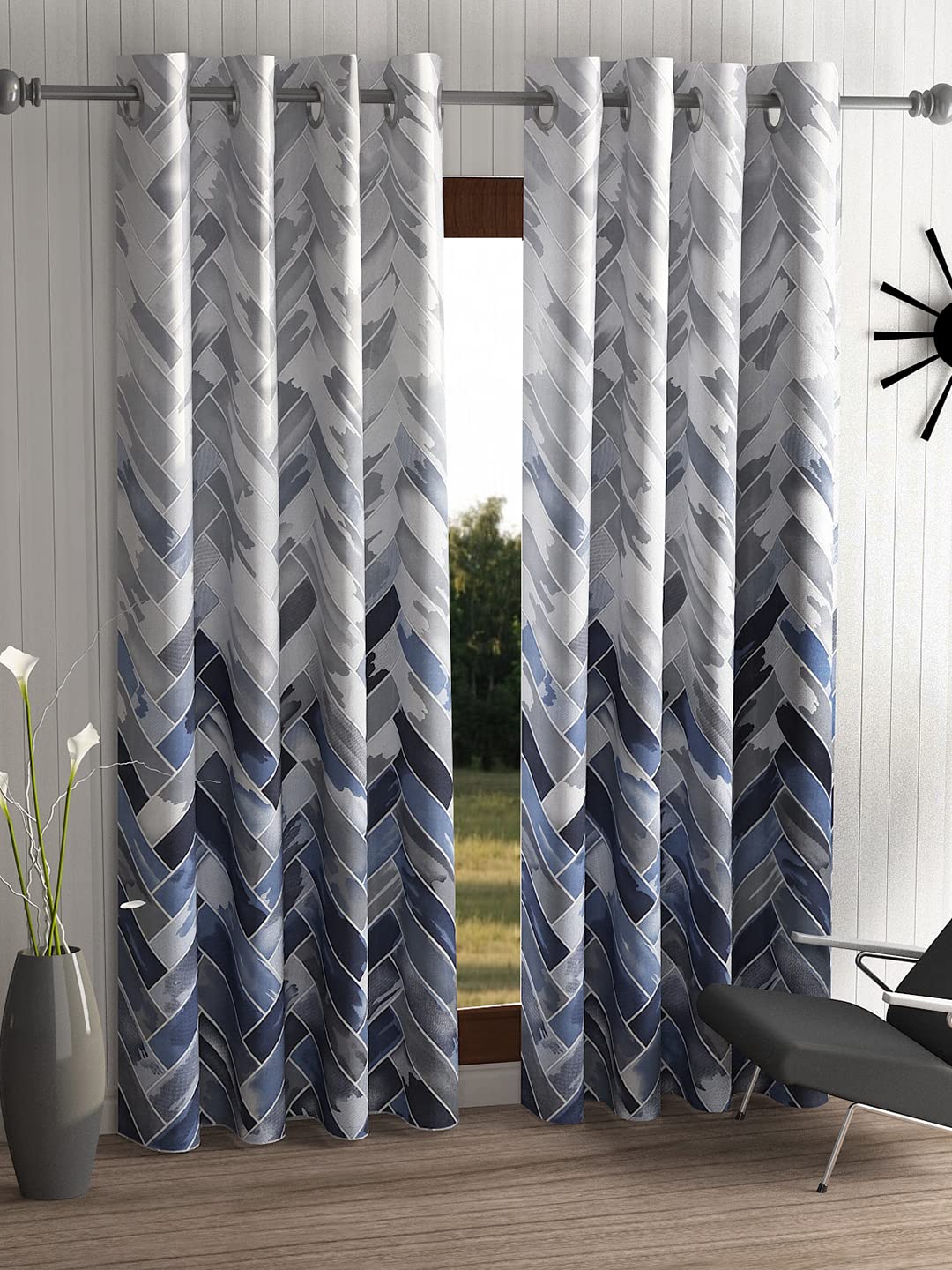 Home Sizzler 2 Pieces Geometrical Panel Eyelet Polyester Semi Sheer Door Curtains 7 Feet, Grey(Eyelet),Grommet Curtains