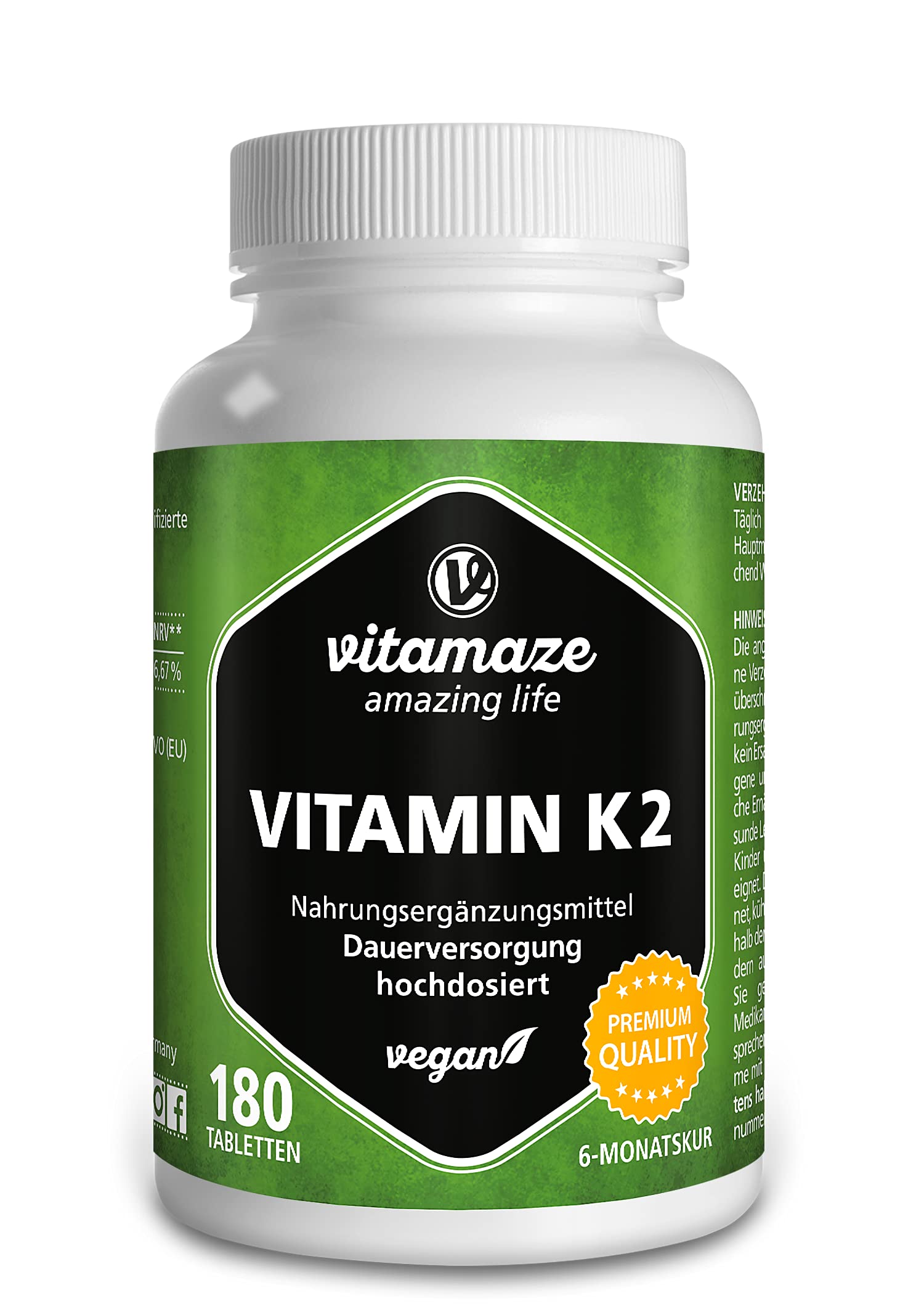 Vitamin K2 MK-7 200 mcg Vegan & High Strength Menaquinone, 180 Tablets for 6 Months, German Quality, Natural & Organic Supplement Without Additives