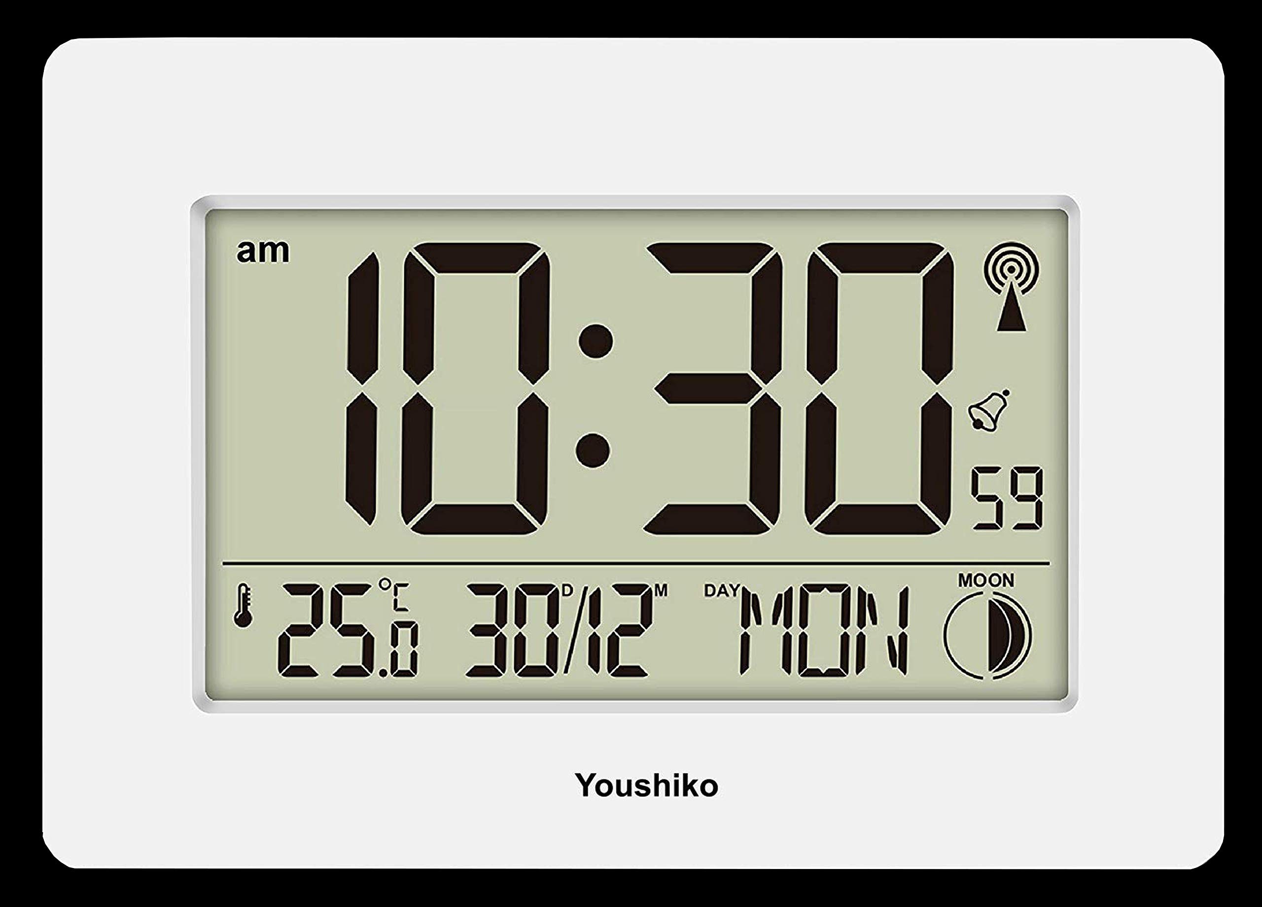 YoushikoRadio Controlled Large Screen LCD Digital Silent Wall or Desk Clock (Official UK Version) Auto Set Up with Day Date Month (White)