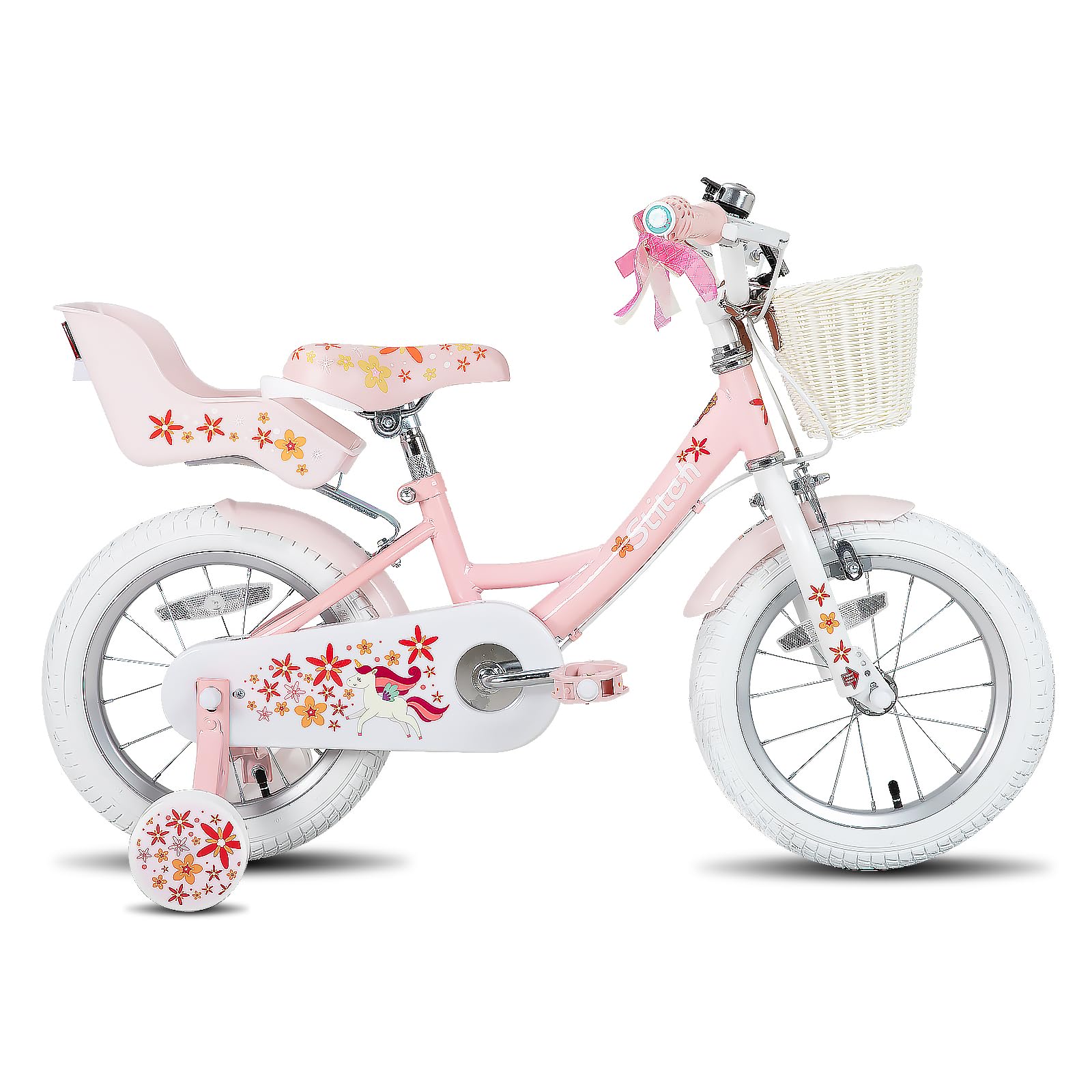 STITCH Unicorn 14 Inch Girls Bike for 3-5 Years Old Kids, 14 Inch Girls Bike with trainer wheels & Doll Seat,Pink