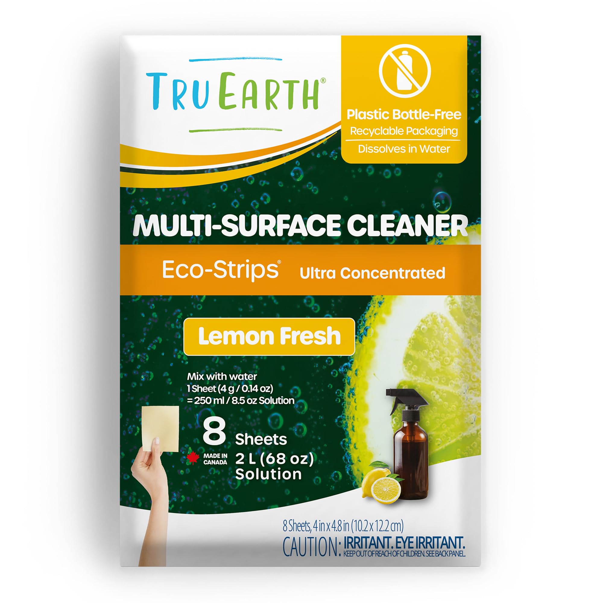 Tru EarthMulti-Surface Cleaner Eco-Strips - Plastic Free & Easy to Use - Pre-Measured Liquidless Strips - 8 Strips, Lemon Fresh