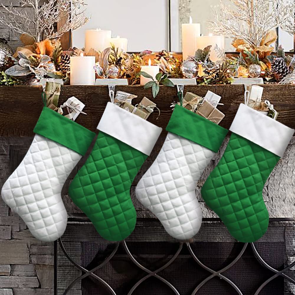 Bunny Chorus Christmas Stockings, 4 Pcs 18 inches Quilted Cotton Green or White Thick Luxury Stockings, for Family Holiday Xmas Party Decorations