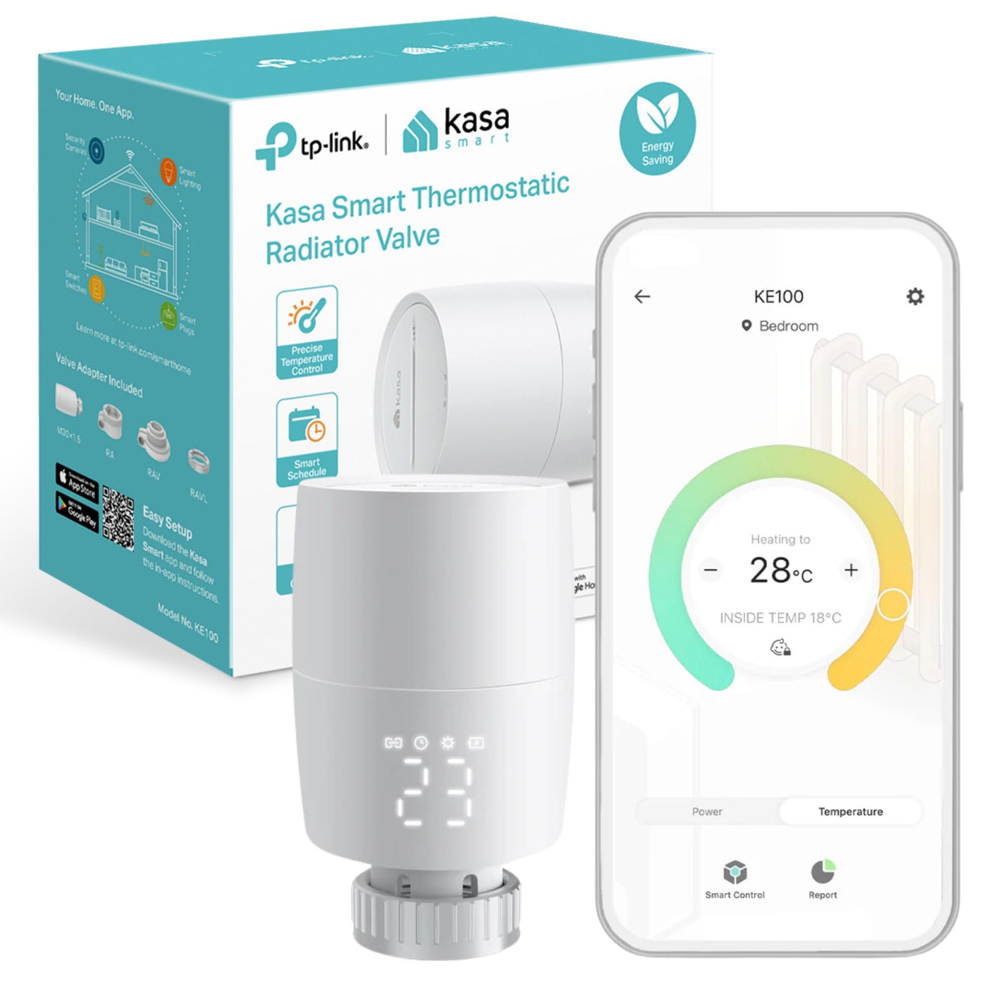 TP-LinkKasa Smart Thermostat Radiator Valve , Smart Radiator Valve, Energy Saving, LED display Radiator Thermostat Valve , Smart TRV Schedule, Works with Alexa & Google Home, Easy installation(KE100)