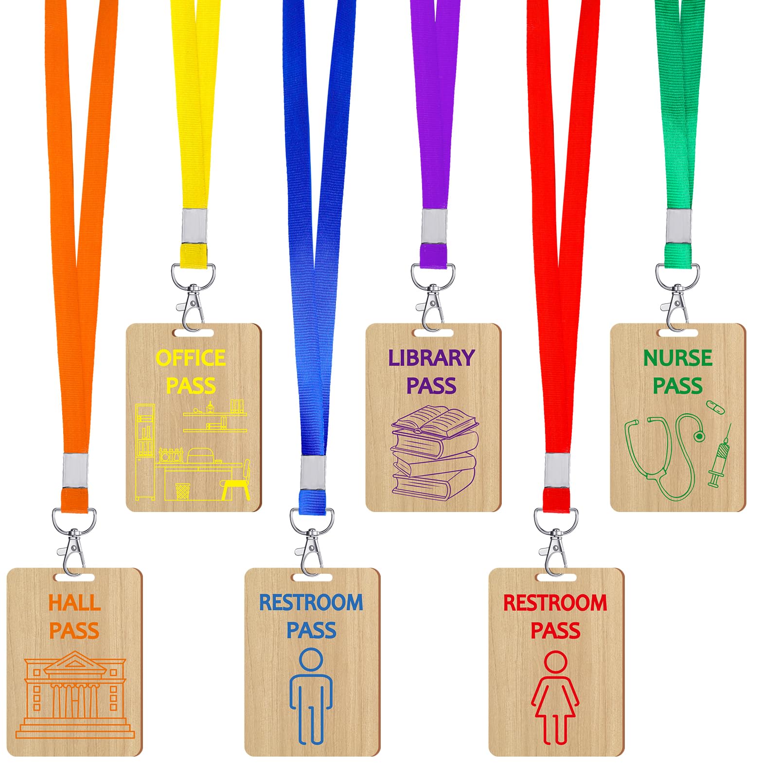 Sabary 6 Sets Hall Pass Lanyards and School Passes Set Unbreakable Wooden Bathroom Passes for Classrooms Hall, Restroom, Library, Office and Nurse School Teacher Supplies Gift (Assorted Color)