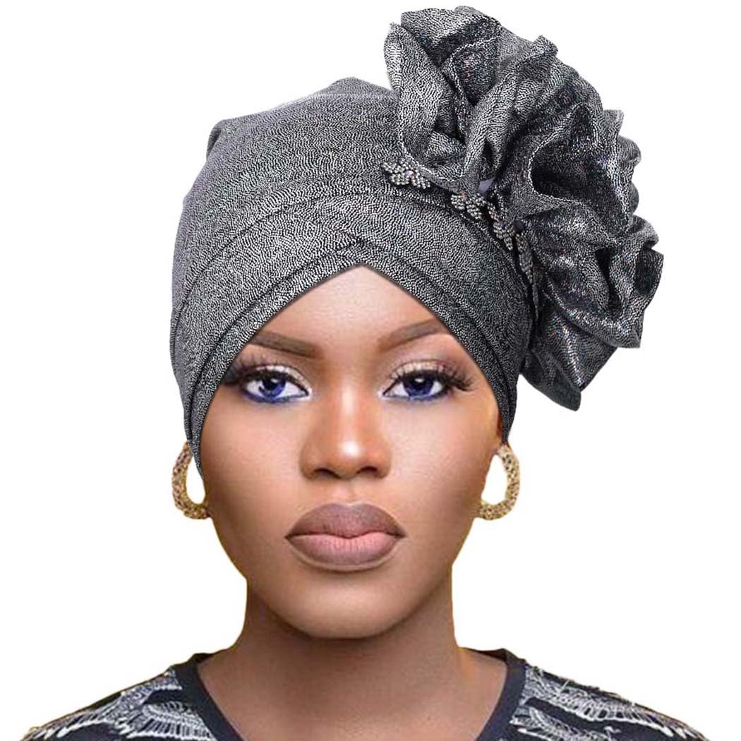 Woeoe Beanie Cap Head Wrap Black Flower Head Turban Pre-Tied Floral Stretchy Head Scarf for Women Girls, Black, M/One size