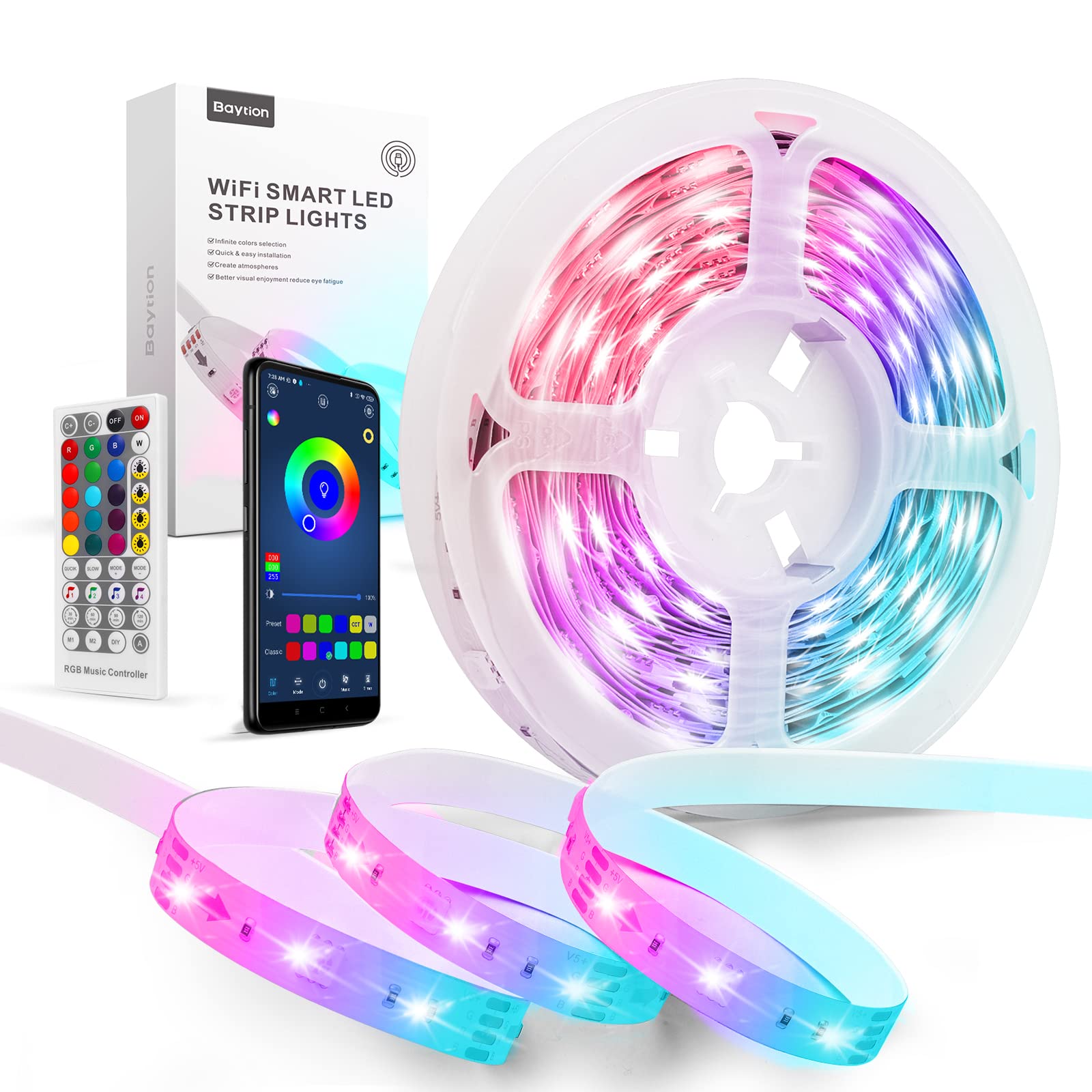 WiFi LED Light Strips,Baytion Smart WiFi LED Strip Lights with APP Controlled 5050 RGB Music Sync Colors Changing and 40-Key Remote Control for DIY Interior Decoration(2M)