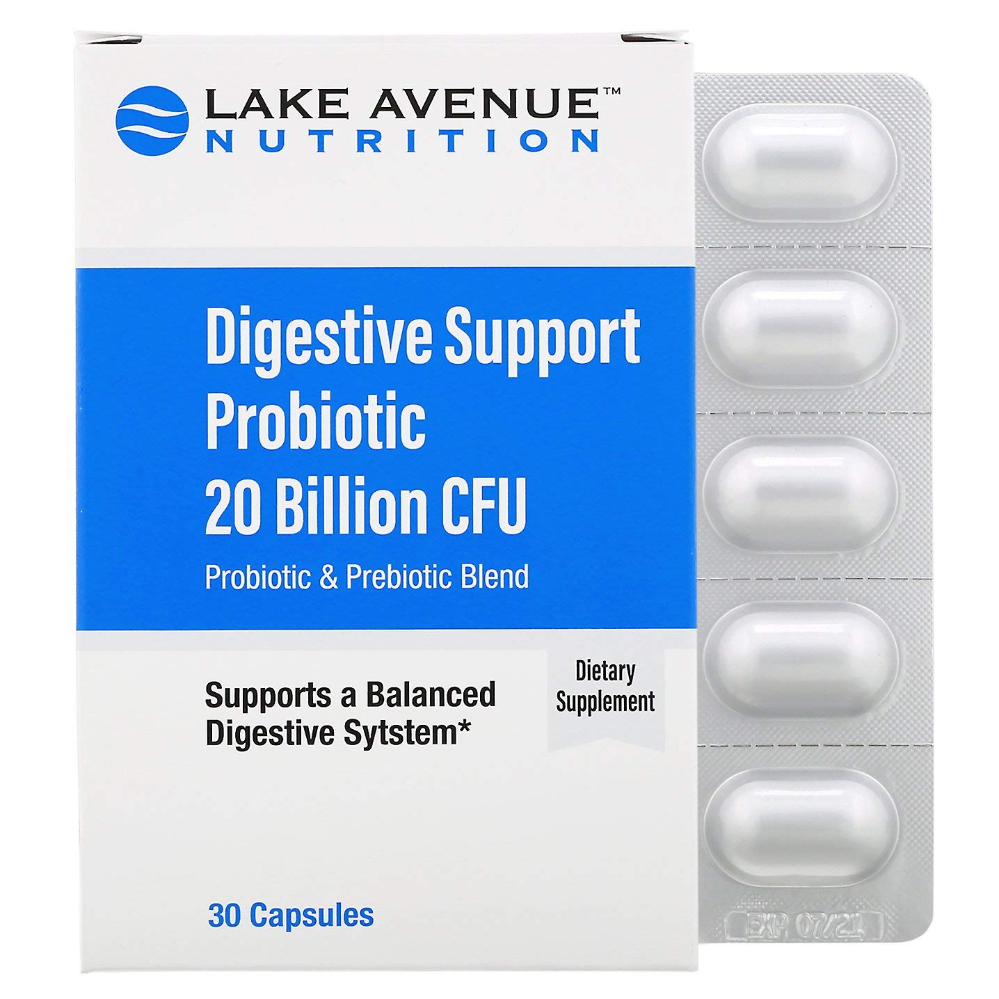 Lake AvenueNutrition Digestive Support Probiotic, Probiotic & Prebiotic Blend, 20 Billion CFUs, 30 Veggie Capsules