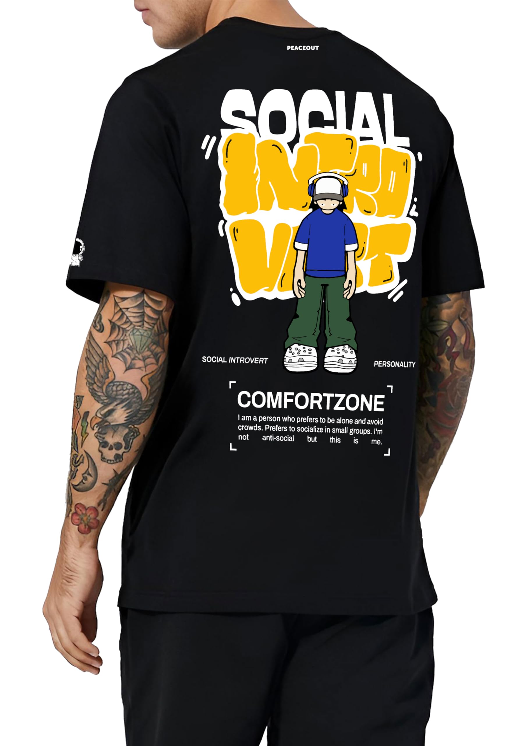 PeaceOutSocial Introvert Printed T-Shirt for Mens, Black