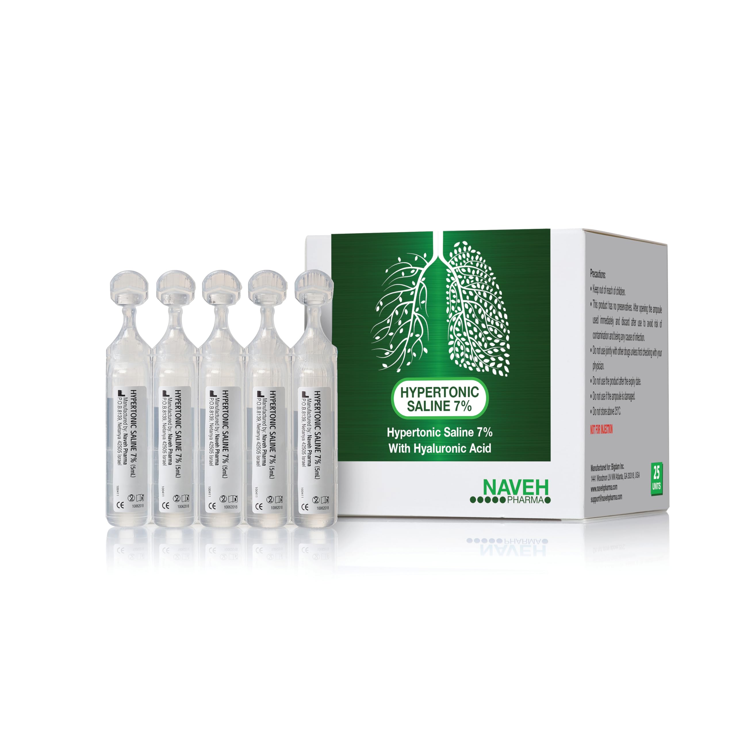 NAVEH PHARMA | Hypertonic Saline Solution 7% + Hyaluronic Acid | Nebulizer Diluent for inhalators and Nasal Irrigation | Helps Clear Congestion from Airways & Lungs (25 Bullets of 5ml)