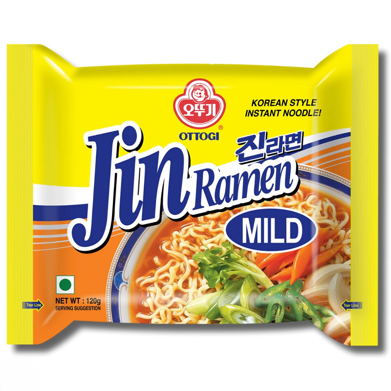 Ottogi Jin Ramen Korean Style Vegetarian Instant Noodles Mild Flavor, 120 grams (Pack of 2) The Product Of Korea