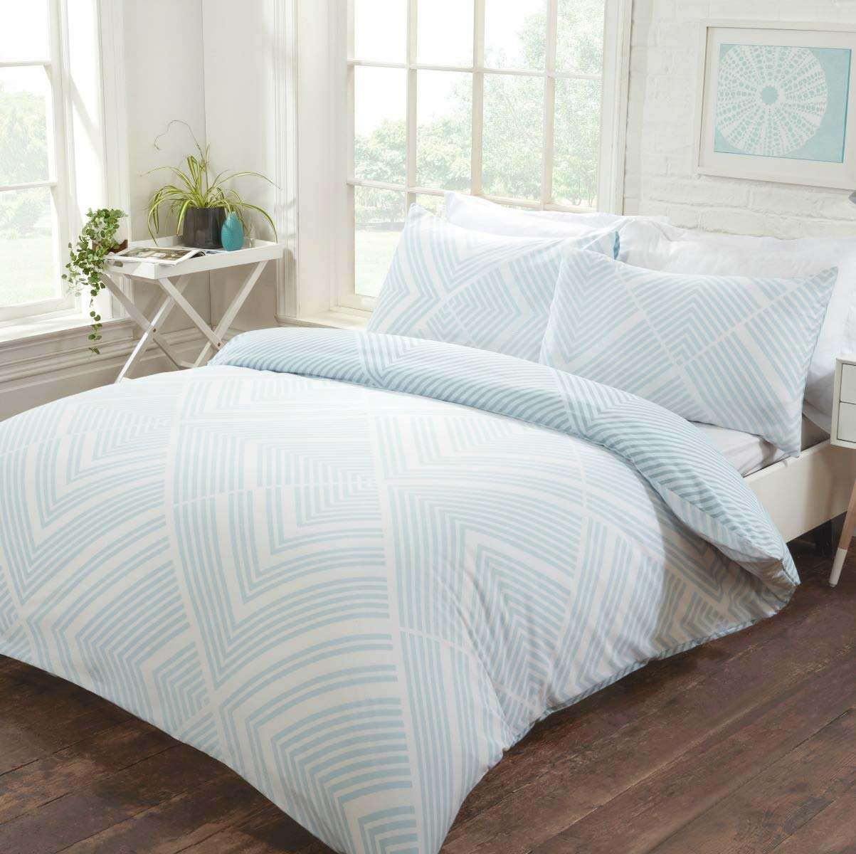 Sleepdown Striped Geometric Duck Egg Reversible Easy Care Duvet Cover Quilt Bedding Set with Pillowcases-Super King (220cm x 260cm), Cotton Mix, Duckegg