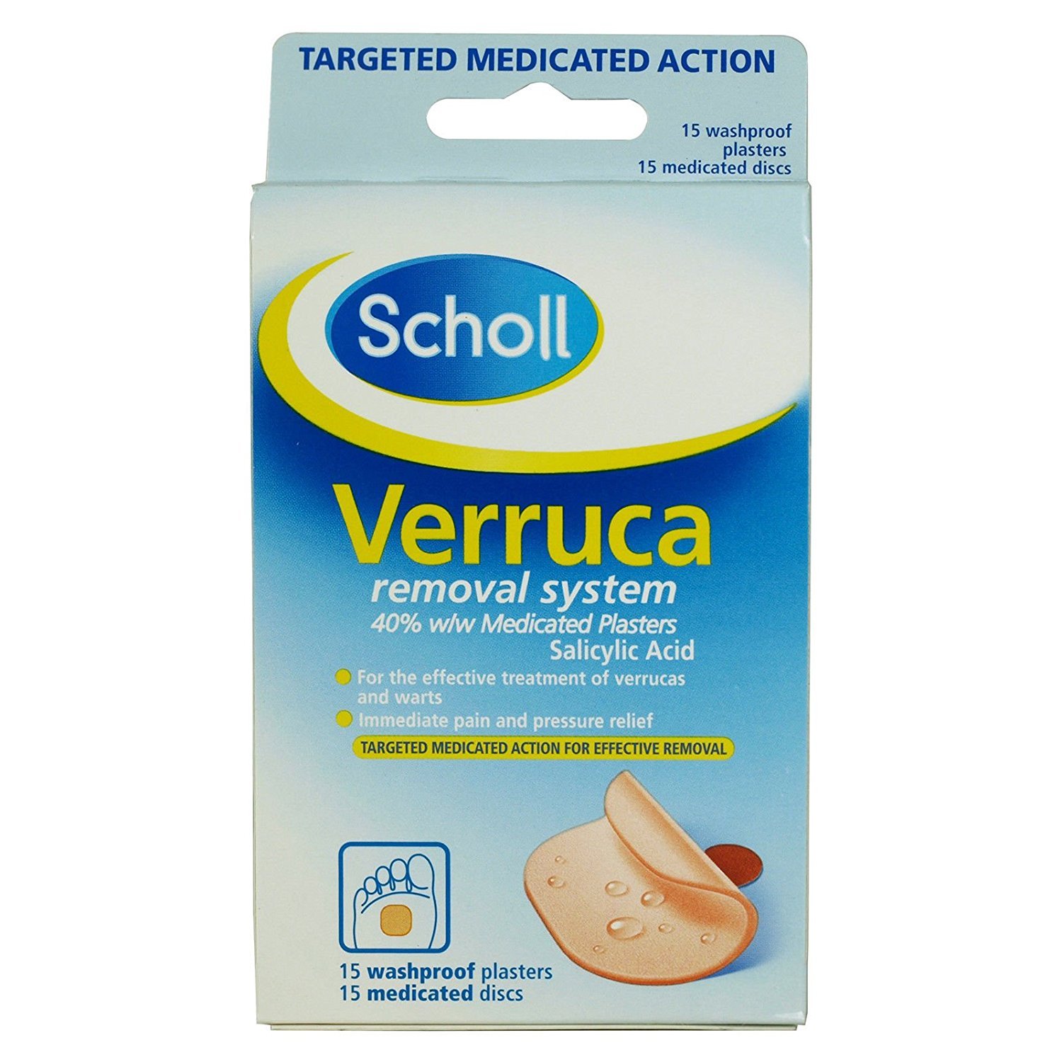 Scholl Verruca Removal System - 15 Waterproof Plasters & Medicated Discs, with Salicylic Acid, Targeted Action for Effective Verucca Removal