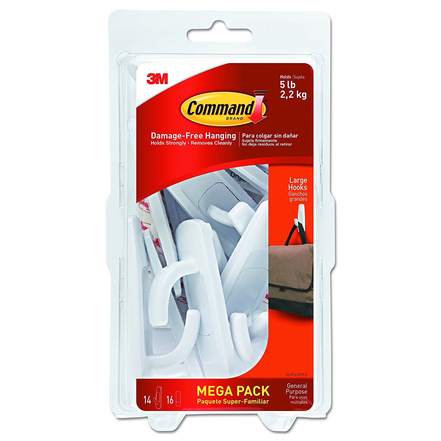 Command Large Utility Hooks, Holds up to 5 lb, 14 Hooks and 16 Command Strips, Damage Free Hanging Wall Hooks with Adhesive Strips, No Tools Adhesvie Hooks for Hanging Christmas Decorations