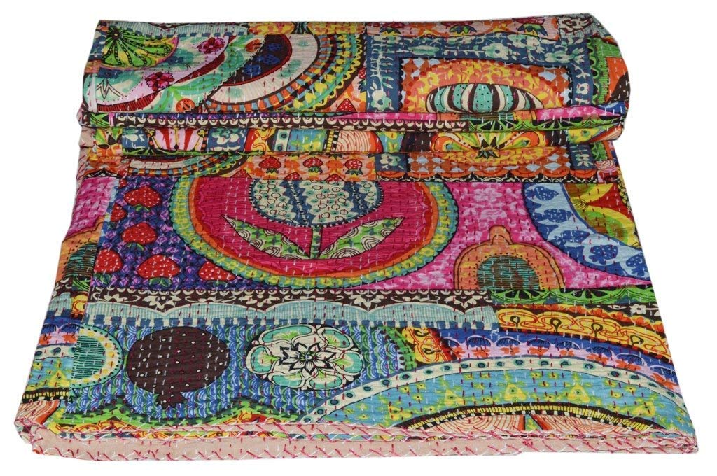 STALLION COTTON CLOTHING Indian Cotton Kantha Quilt King Bedspreads Throw Blanket (Multi Floral) Bohemian Bedspread , Bohemian Bedding , Handmade Kantha Quilt , King Size Kantha Quilt , Bed Cover