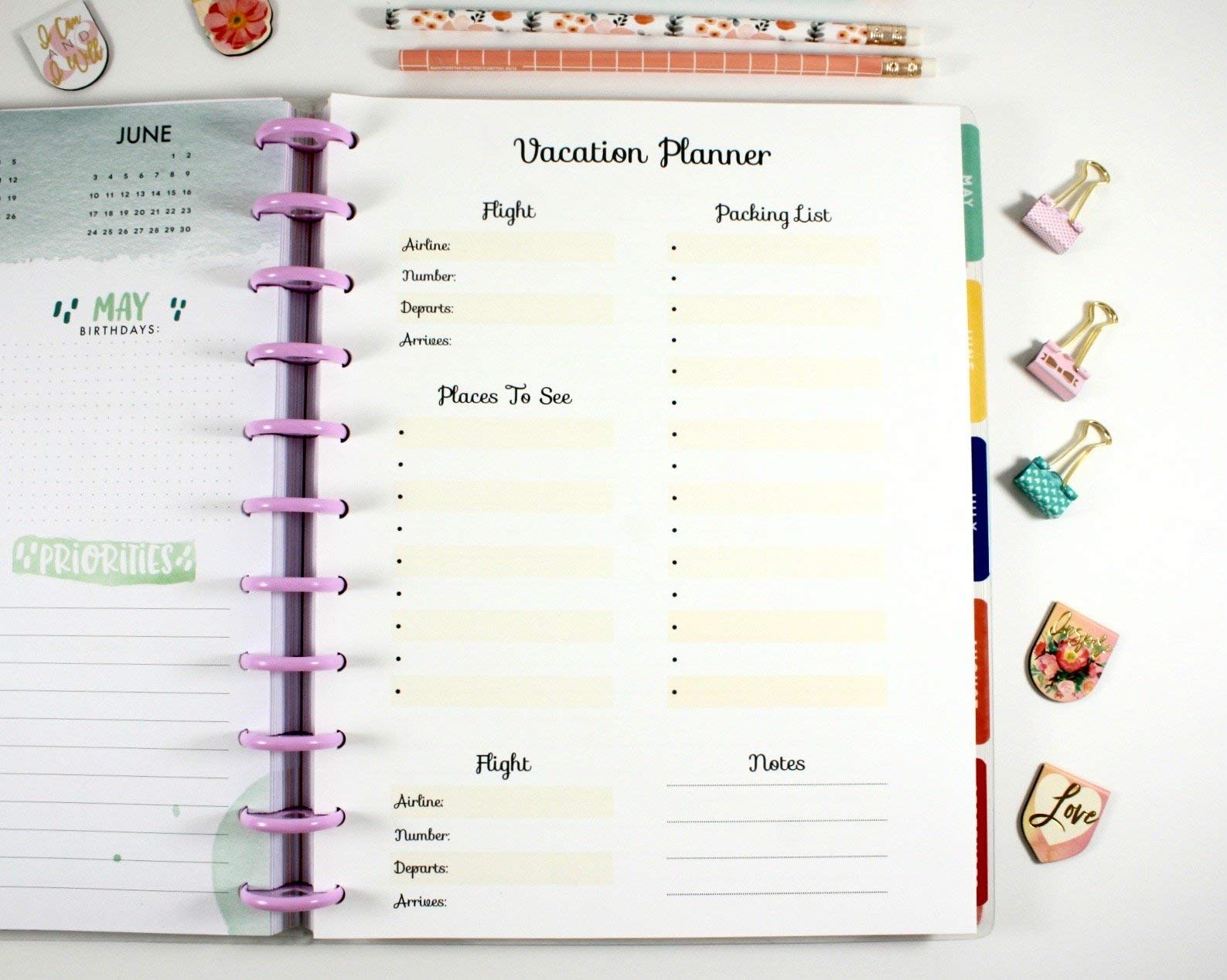 Planner Travel Planner Inserts for 11-Disc Big Happy Planner, Big Happy Planner Vacation Planner, Pre-punched Happy Planner Inserts, Pre-punched Trip Planner