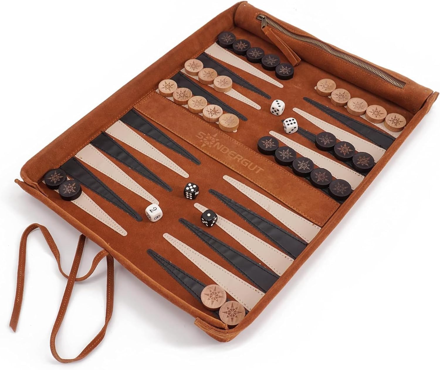 Sondergut Roll-up Portable Suede Deluxe Backgammon Game Set- Elegant Design Engraved Wood Stones Pop-Up Playing Field - Ideal for RV Travel, Cruise, Airplane, Camping, Backpacking, Road Trips, Etc.