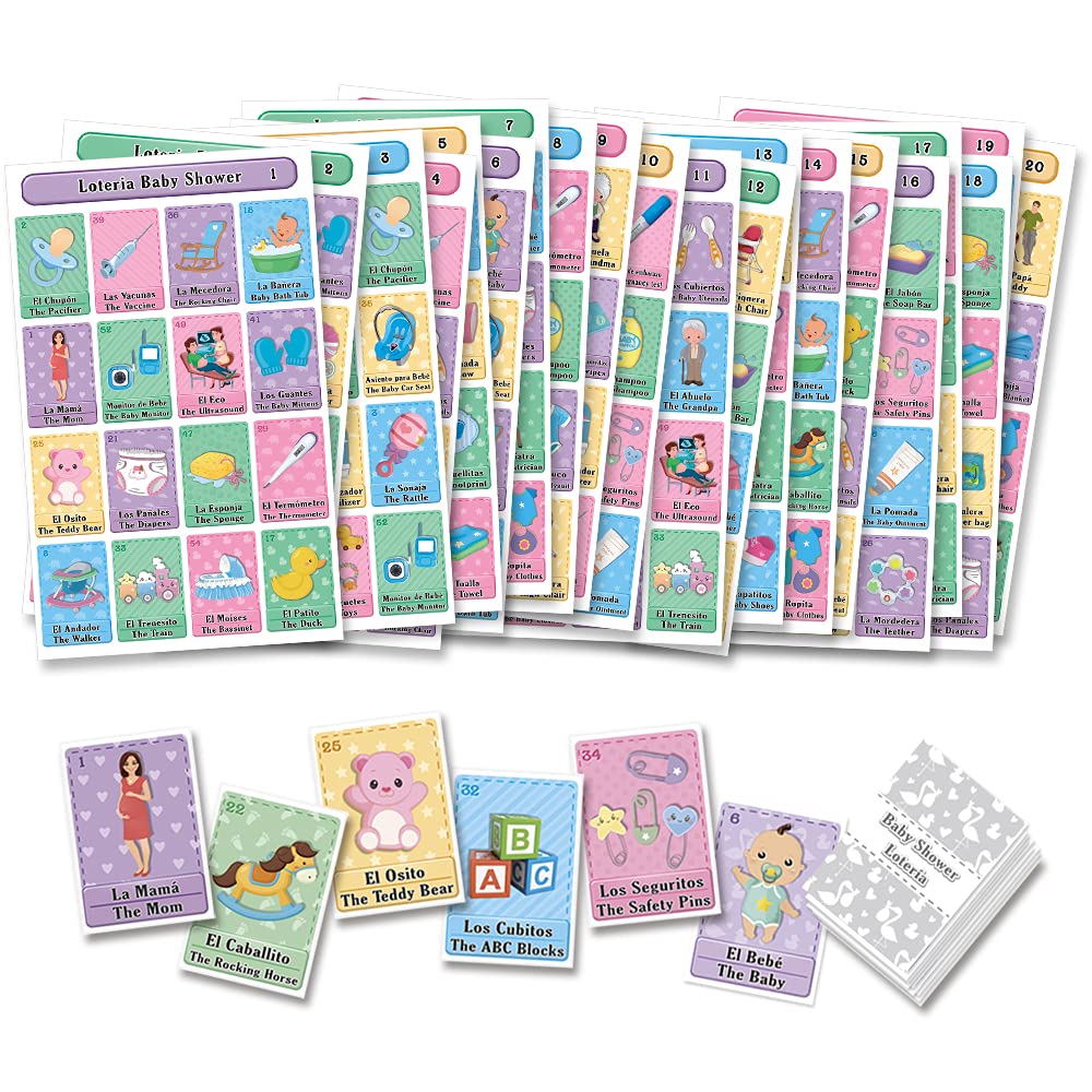 MoreFiesta Jumbo Size Baby Shower Loteria Bingo - Bilingual English Spanish, for up to 20 Players, Multicolored