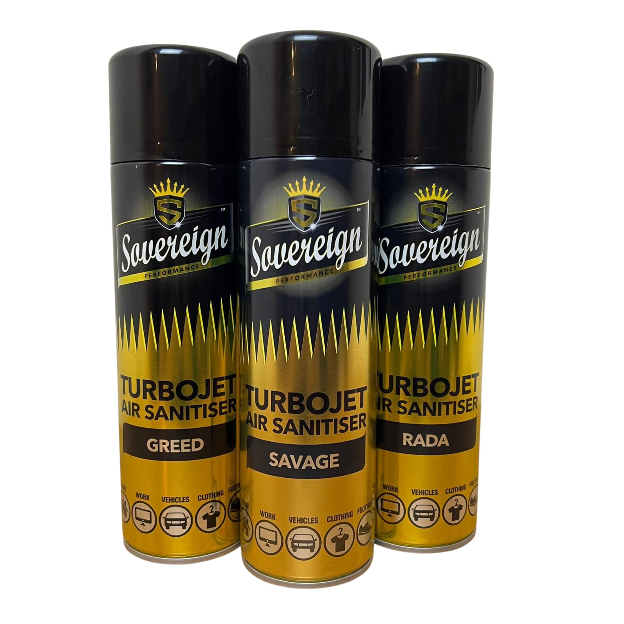 Sovereign Aerosols3 x Sovereign Designer Fragrances Savage Greed RADA Car Home Office Gym Turbojet Air Sanitiser Freshener Blast Spray Cans 500ml Bundle