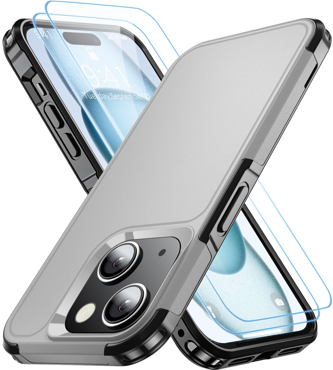 AEDILYS Shockproof for iPhone 15 Case,[15 FT Military Grade Drop Protection],with 2X [Tempered Glass Screen Protector ] with Air Bumpers Full-Body Protective Phone Case,Warship Grey