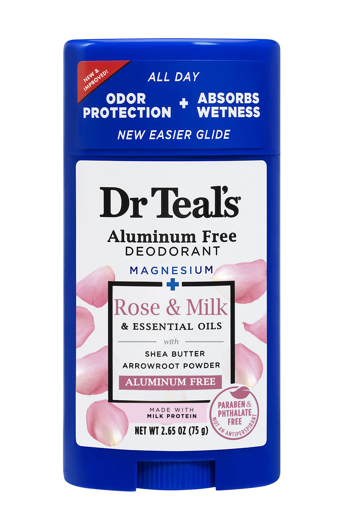 Dr Teal's Aluminum Free Deodorant Stick For Unisex Magnesium + Rose and Milk & Essential Oils, 75g | Paraben & Phthalate Free Roll On for Odour Protection & Absorbs Wetness