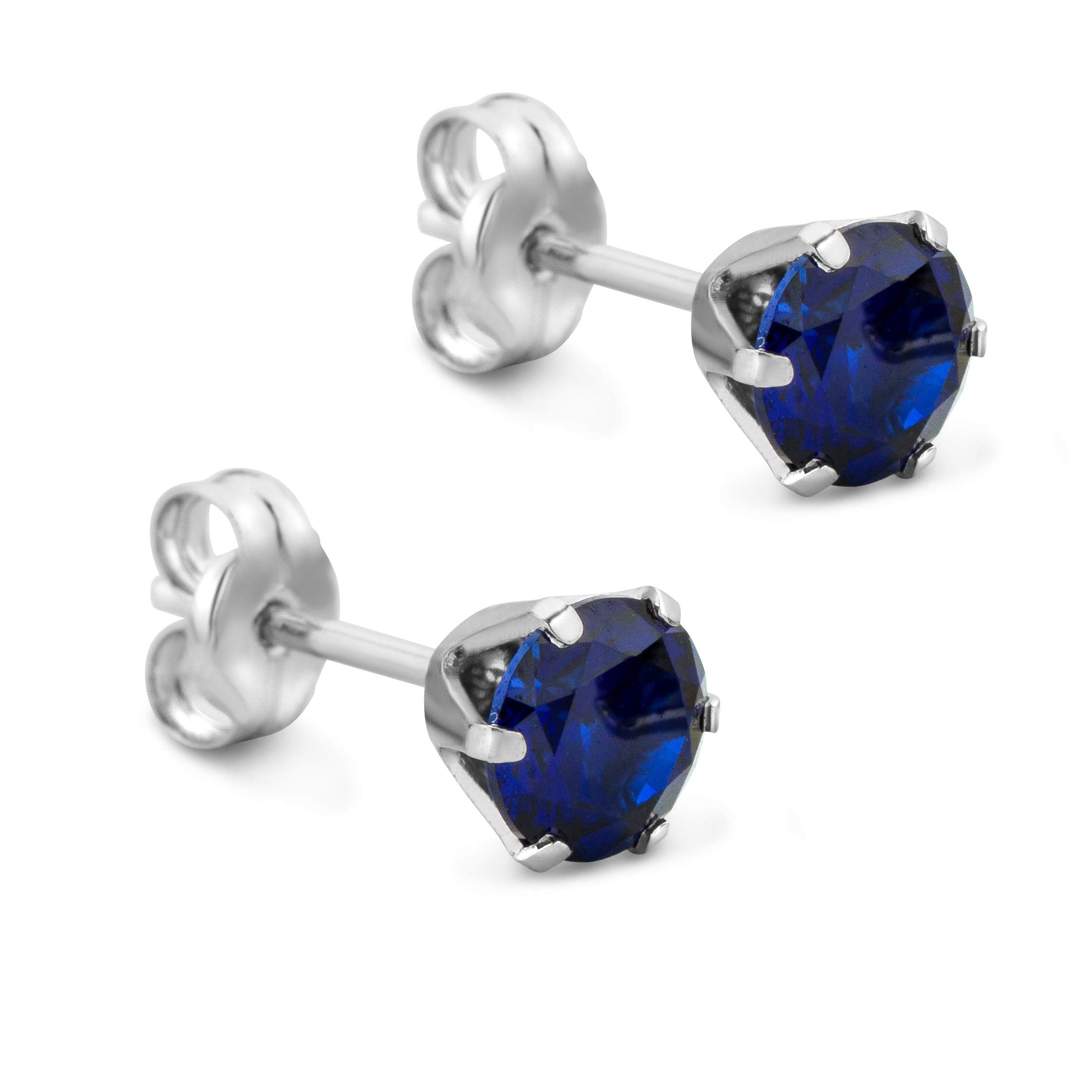 OroviWomen's Jewellery Round Earrings with Blue Sapphire Gemstone Stud Earrings in 9 Carat White Gold / 375 Gold, Gold, Created Sapphire