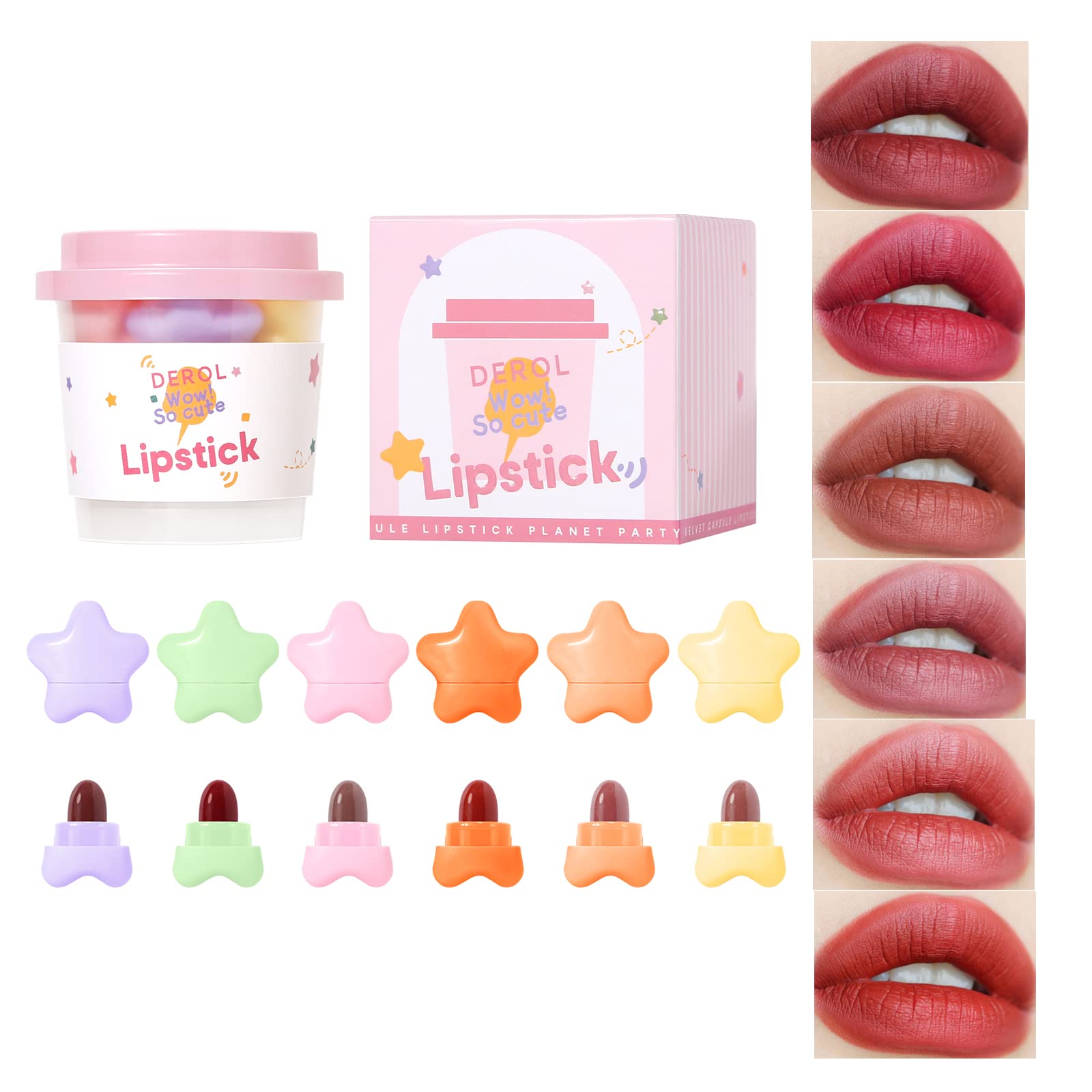 AKARY 6 Colors Mini Lipstick Set, High Pigment Stars Candy Matte Multicolor Red Lips Velvety Soft Lip Stick Waterproof Long Lasting Cute Capsule Lip Gloss, Non-Stick Cup Lip Makeup Gift Set for Women Girls