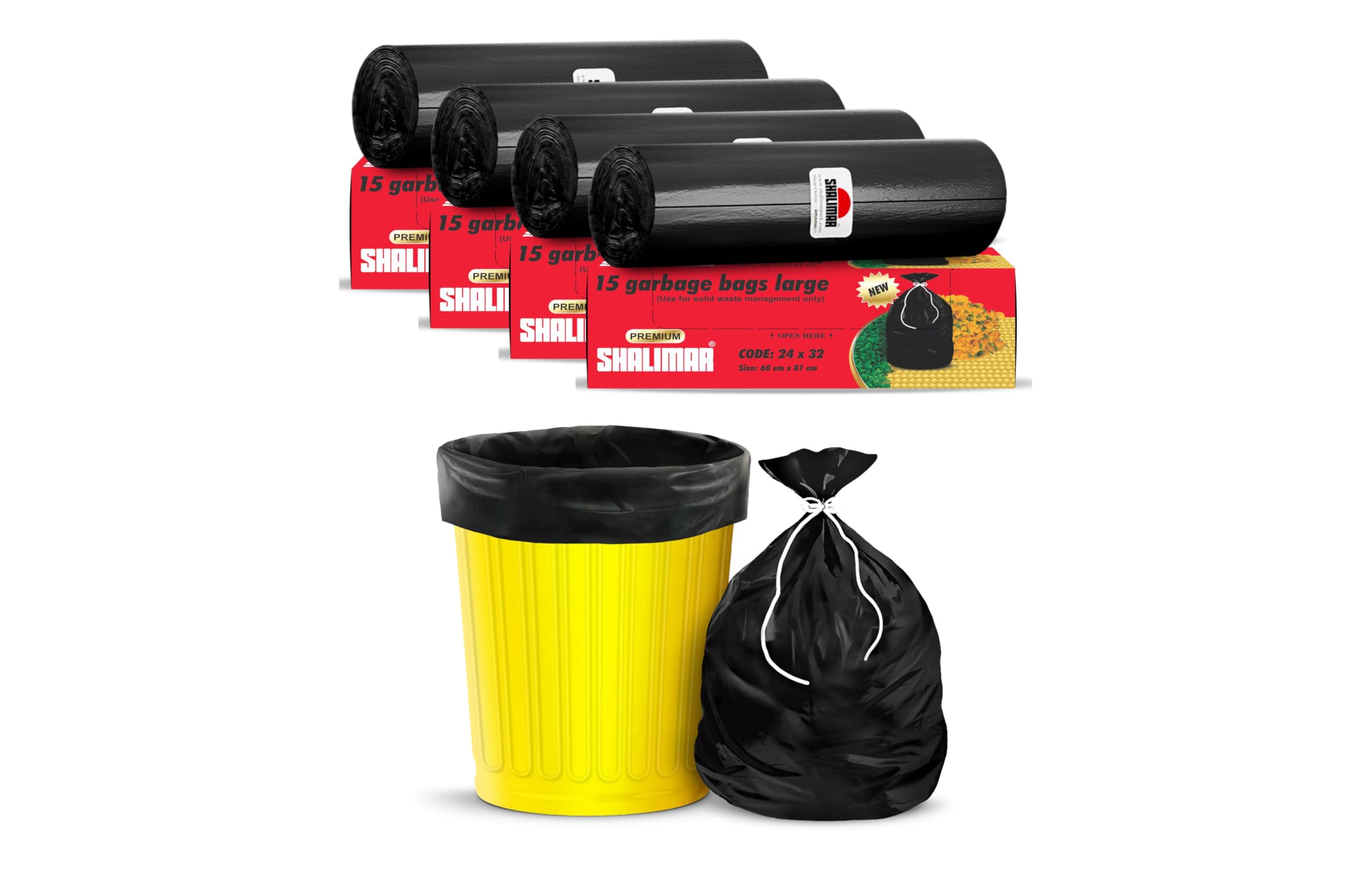 Shalimar Premium Plastic Garbage Bags Size 24 X 32 Inches (Large) 60 Bags (4 Rolls Count) Dustbin Bag/Trash Bag - Black Color