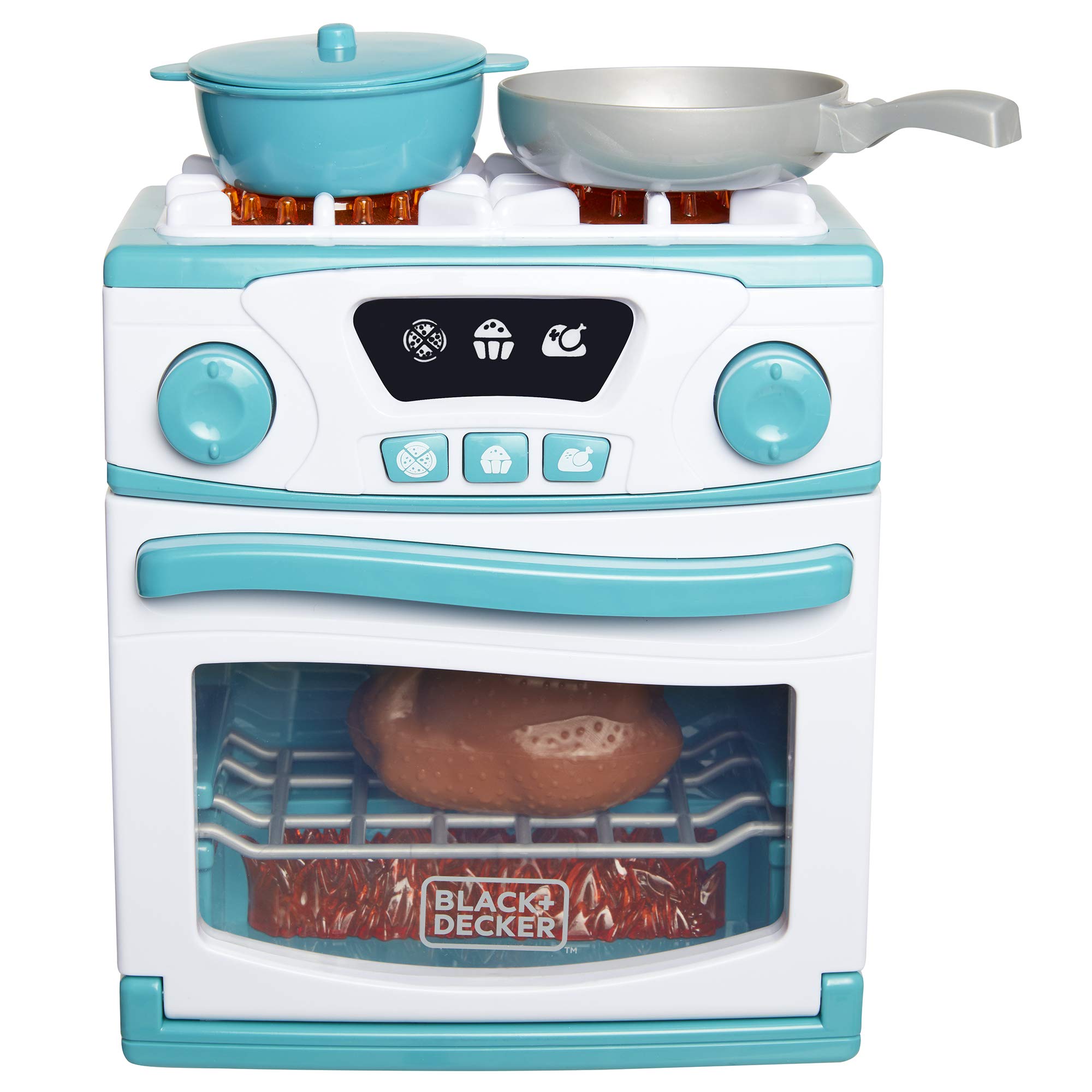 Black + Decker Junior Oven and Stove Role Play Pretend Kitchen Appliance for Kids with Realistic Action, Lights and Sounds - Plus Pot with Lid, Cooking Pan, Play Chicken and Bacon/Egg Food