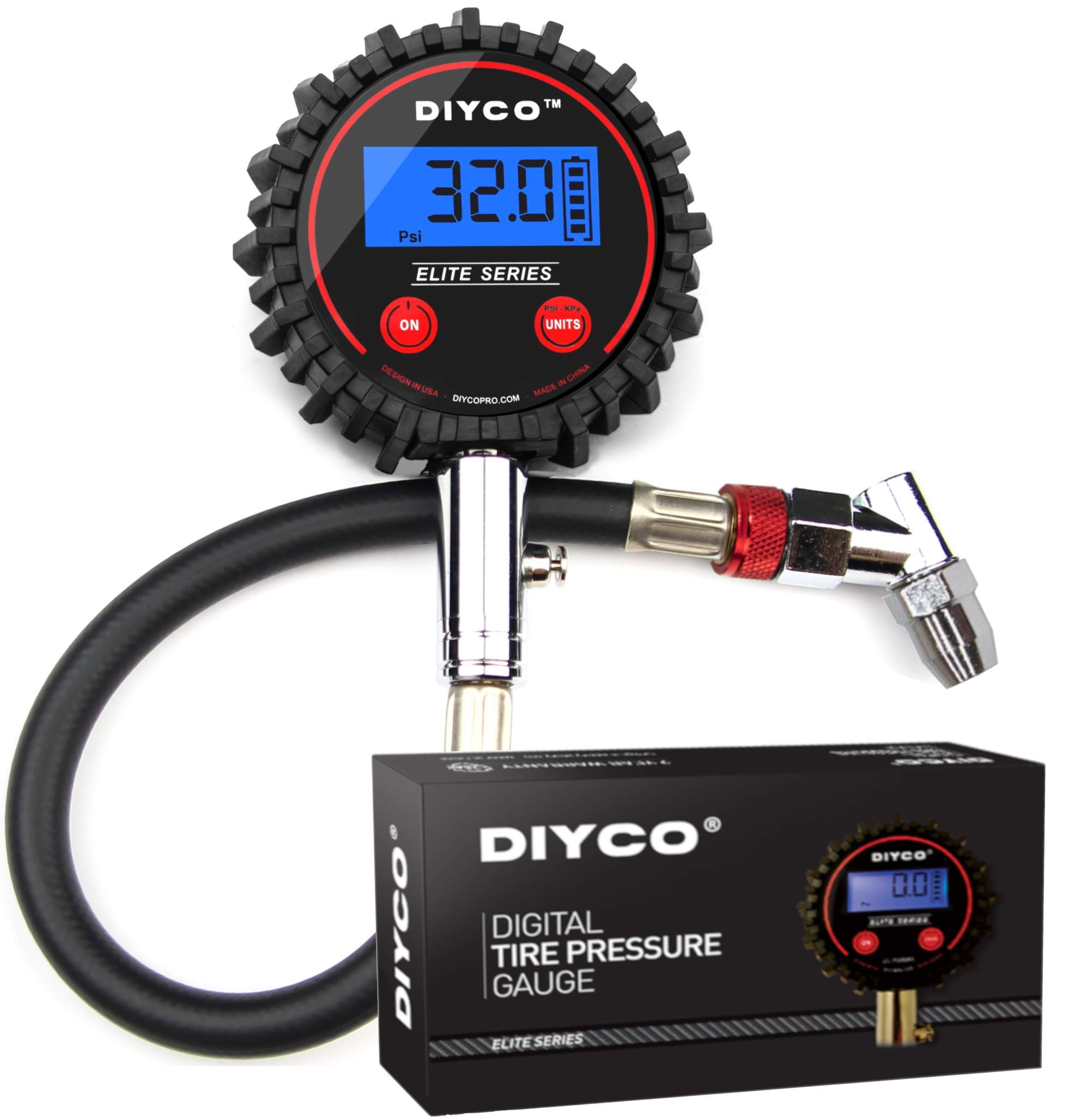 DIYCOElite Series Digital Tire Pressure Gauge | for Cars Motorcycle Rv SUV Truck TPMS Bike | 150 PSI with Heavy Duty Air Hose | Professional-Grade High Accuracy Gauges | Designed in USA