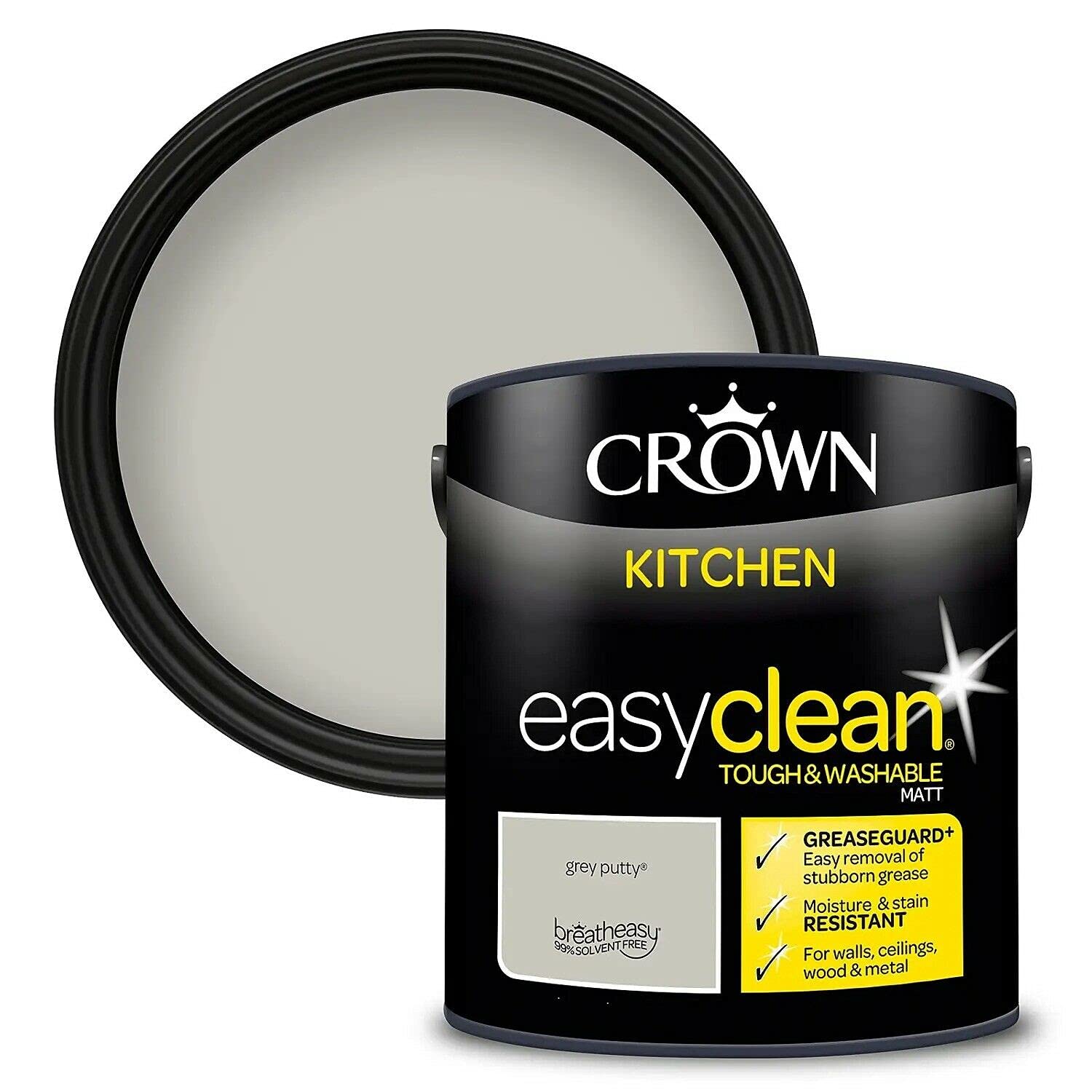 2.5L CROWN Easyclean Kitchen MATT Emulsion Multi Surface Paint With GREASEGUARD+ That can be Used on Walls, Ceilings, Wood and Metal. Stain & Scrub Resistant Formula – Grey Putty