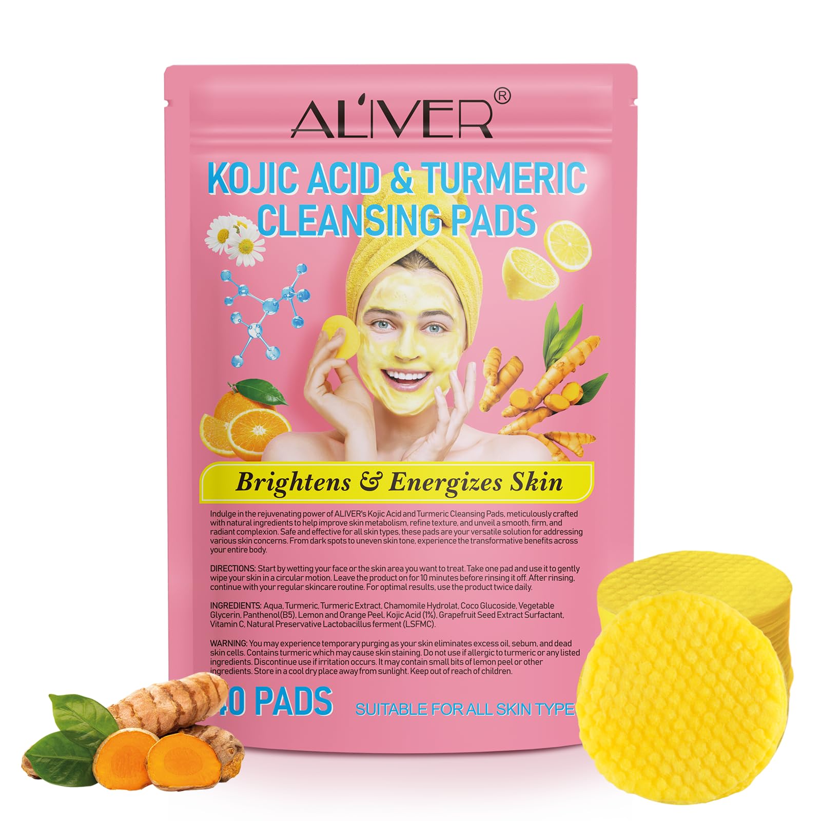 Turmeric and Kojic Acid Cleansing pads, Turmeric Exfoliating Pads for Face, Facial Turmeric Kojic Acid Pads Fading Dark Spots and Evening Out Skin Tone, 40 Counts