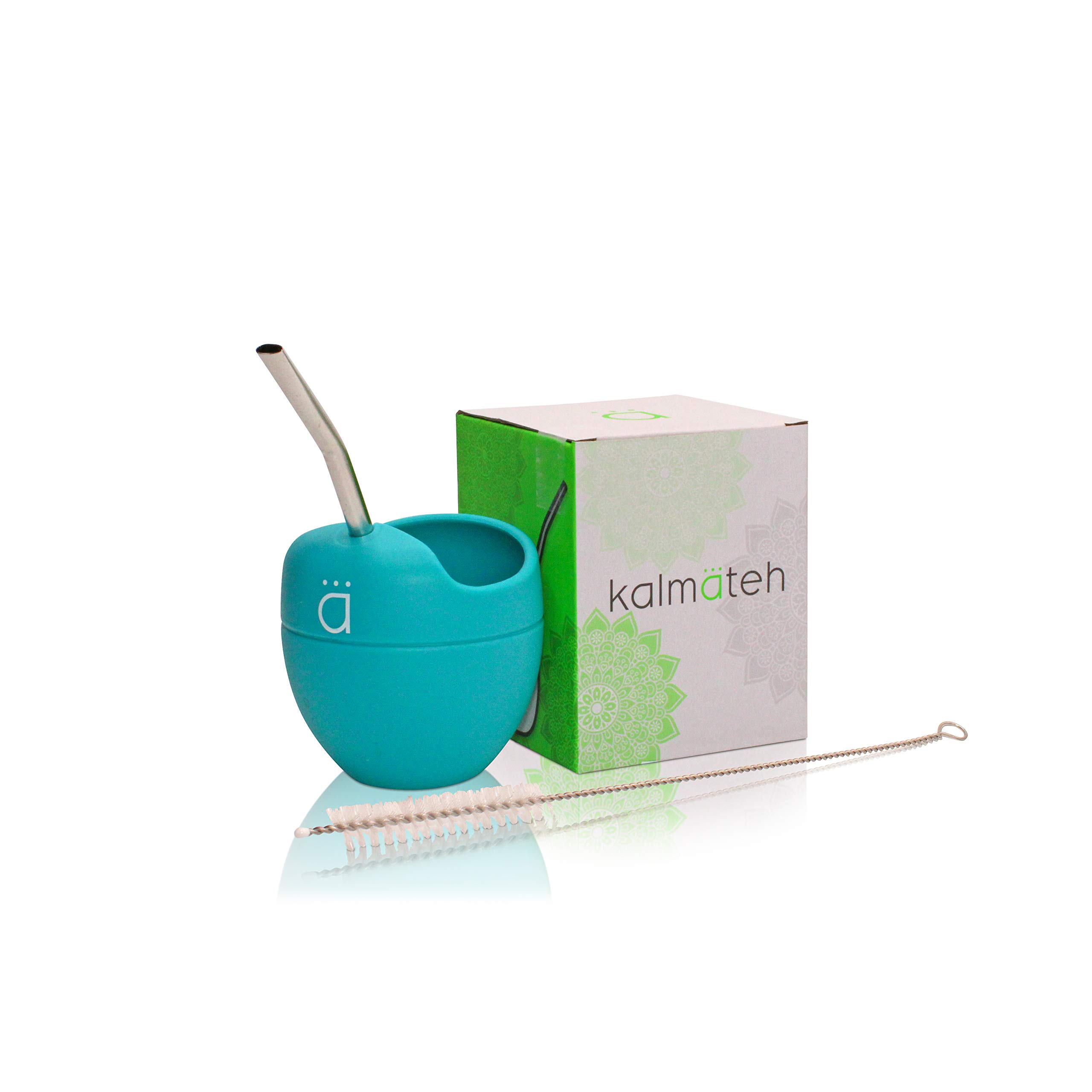 Kalmateh Silicone Mate Gourd and Bombilla (straw) with Cleansing Brush for Yerba Mate Drinking- BPA Free (Turquoise)