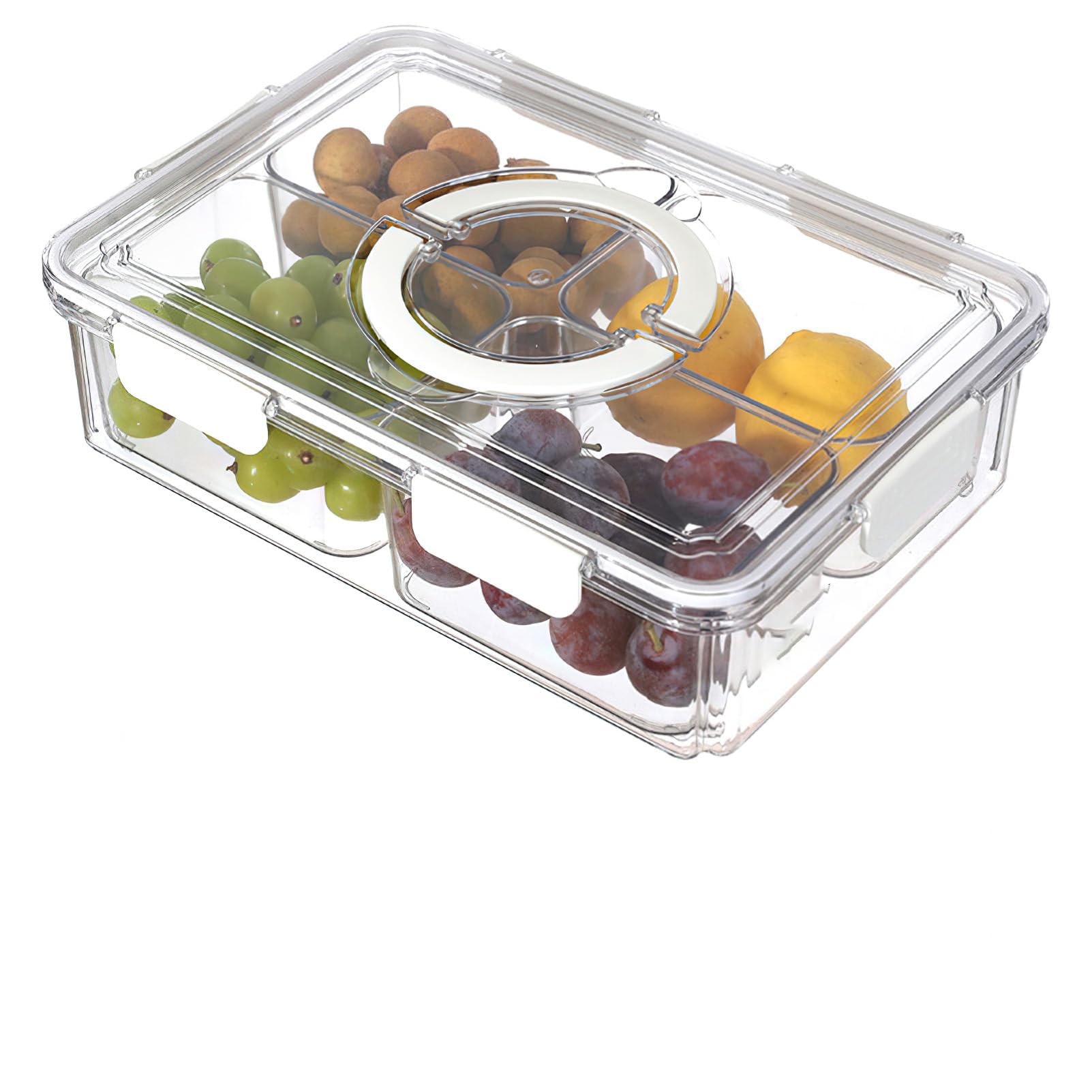 Divided Serving Tray with Lid and Handle Portable Snackle Box Charcuterie Transparent Container Snack Platters for Candy, Fruits, Nuts, Snacks, for Party, Entertaining, Picnic (4 Compartments)