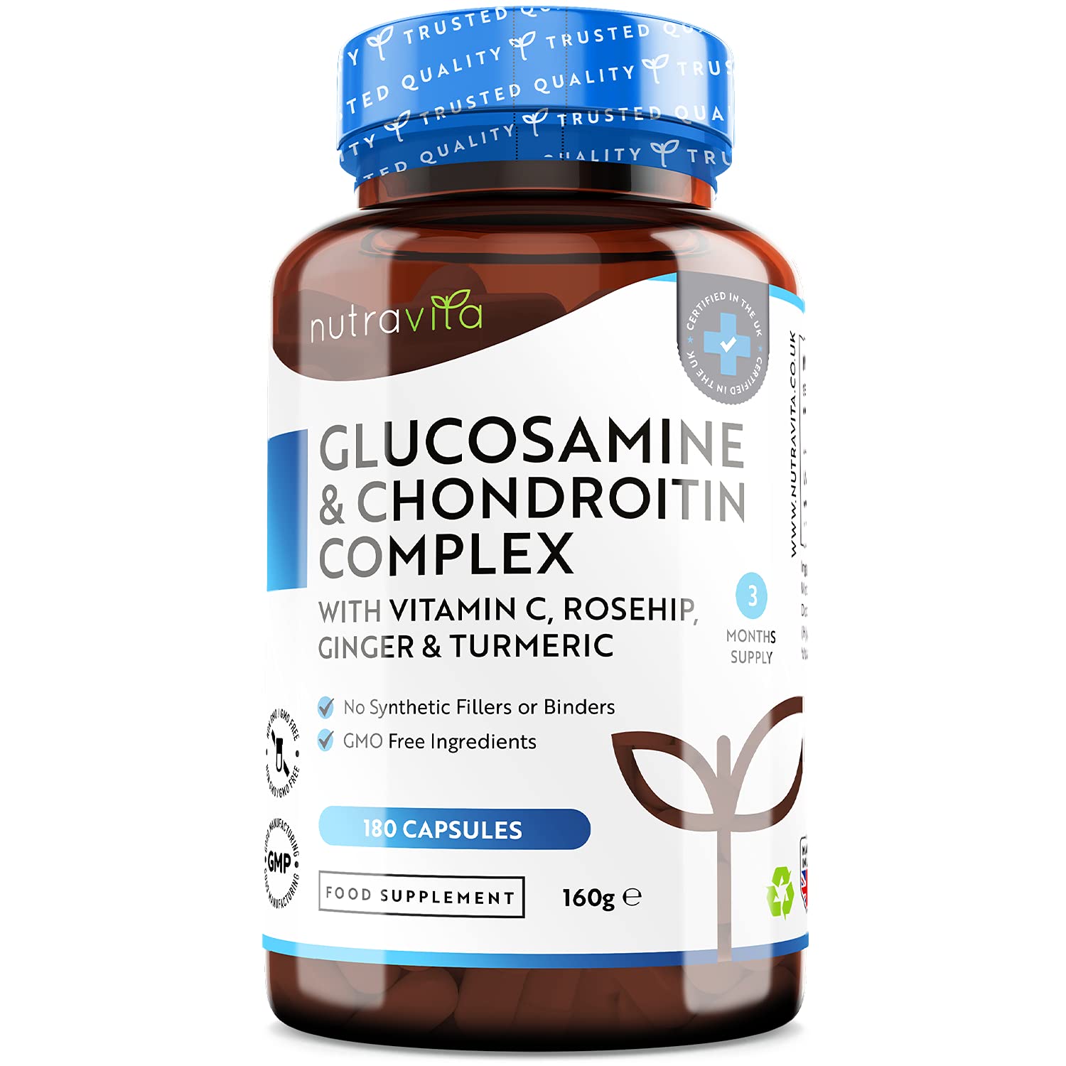 NutravitaGlucosamine And Chondroitin Complex 2Kcl 1390Mg With Vitamin C Rosehip Extract Ginger Extract & Turmeric 180 Capsules (3 Month'S Supply) Made In The Uk