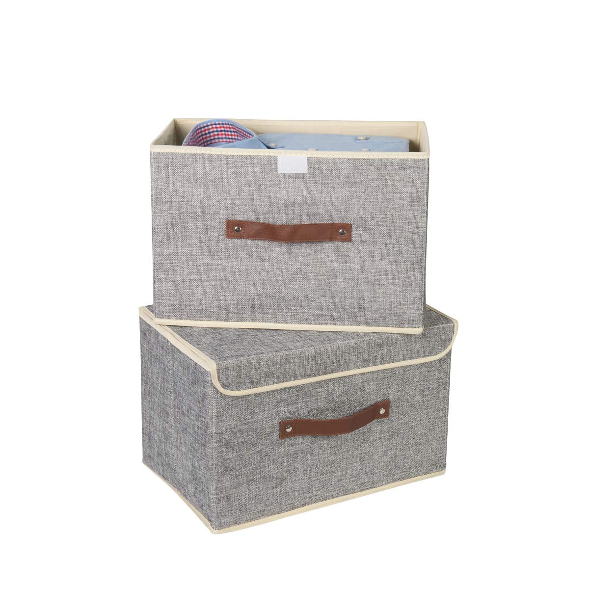 YELAIYEHAO Storage Bins Set, Pack of 2 Foldable Storage Box Cube with Lids and Handles Fabric Storage Basket Bin Organizer Collapsible Drawers Containers 15"X10"X10" Grey