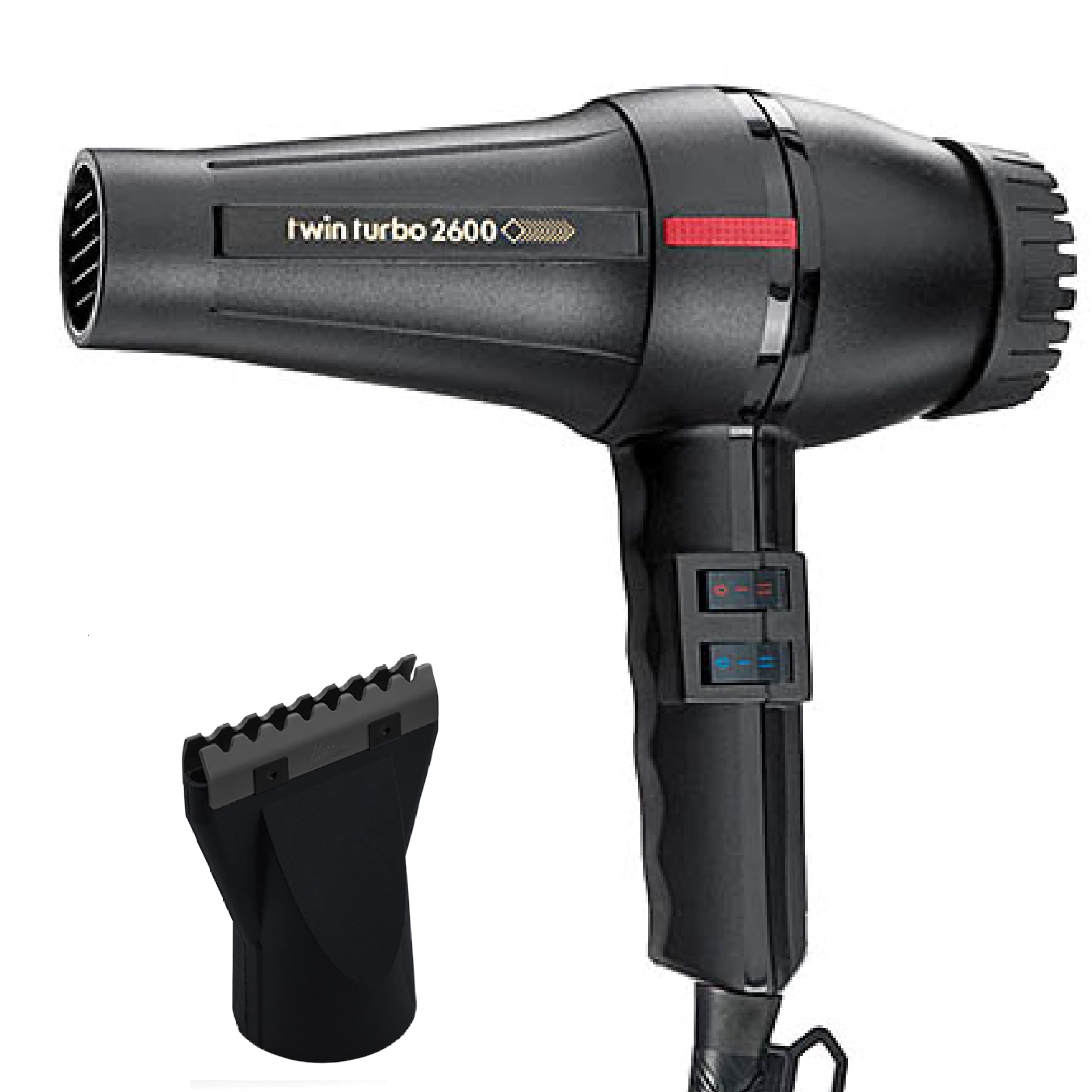 Turbo Power Twin Turbo 2600 Black Hair Dryer Model 304A and M Hair Designs Hot Blow Attachment Black (Bundle 2 Items)