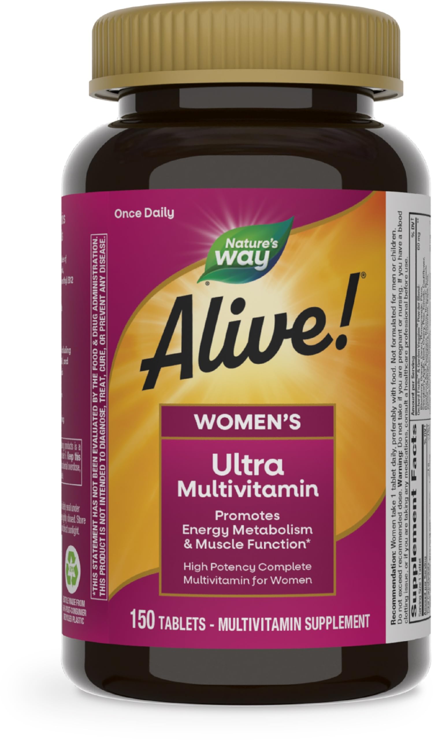 Nature's Way Alive! Women's Daily Ultra Multivitamin, High Potency Formula, Promotes Energy Metabolism and Muscle Function*, with Methylated B12, 150 Tablets (Packaging May Vary)