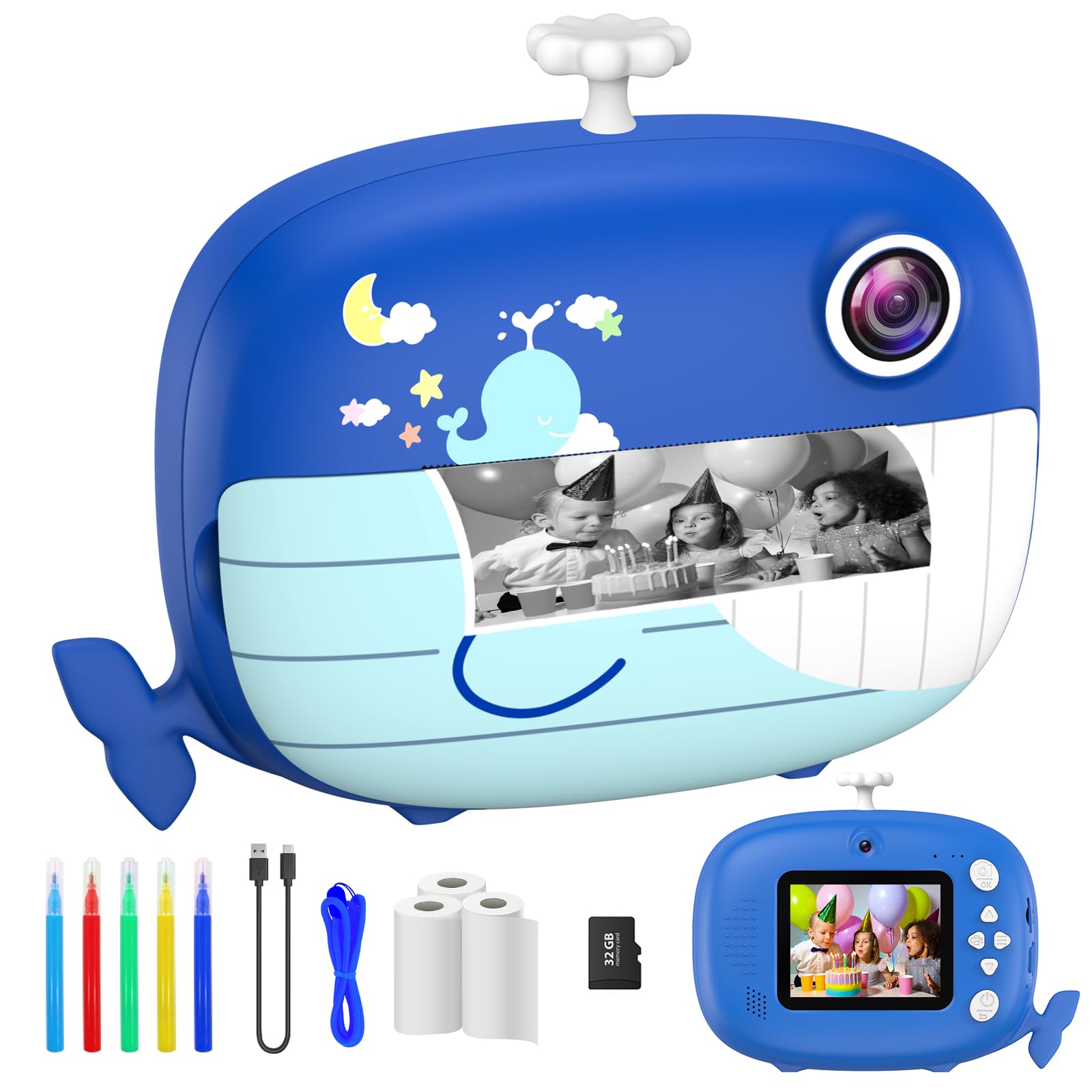 USHINING Kids Camera Instant Print Camera for Boys Girls Selfie Digital Camera for Kids Aged 3-12 Printing Video Camera for Kids 1080P 2.4 Inch Screen with 32GB SD Card,Color Pens,Print Papers(Blue)