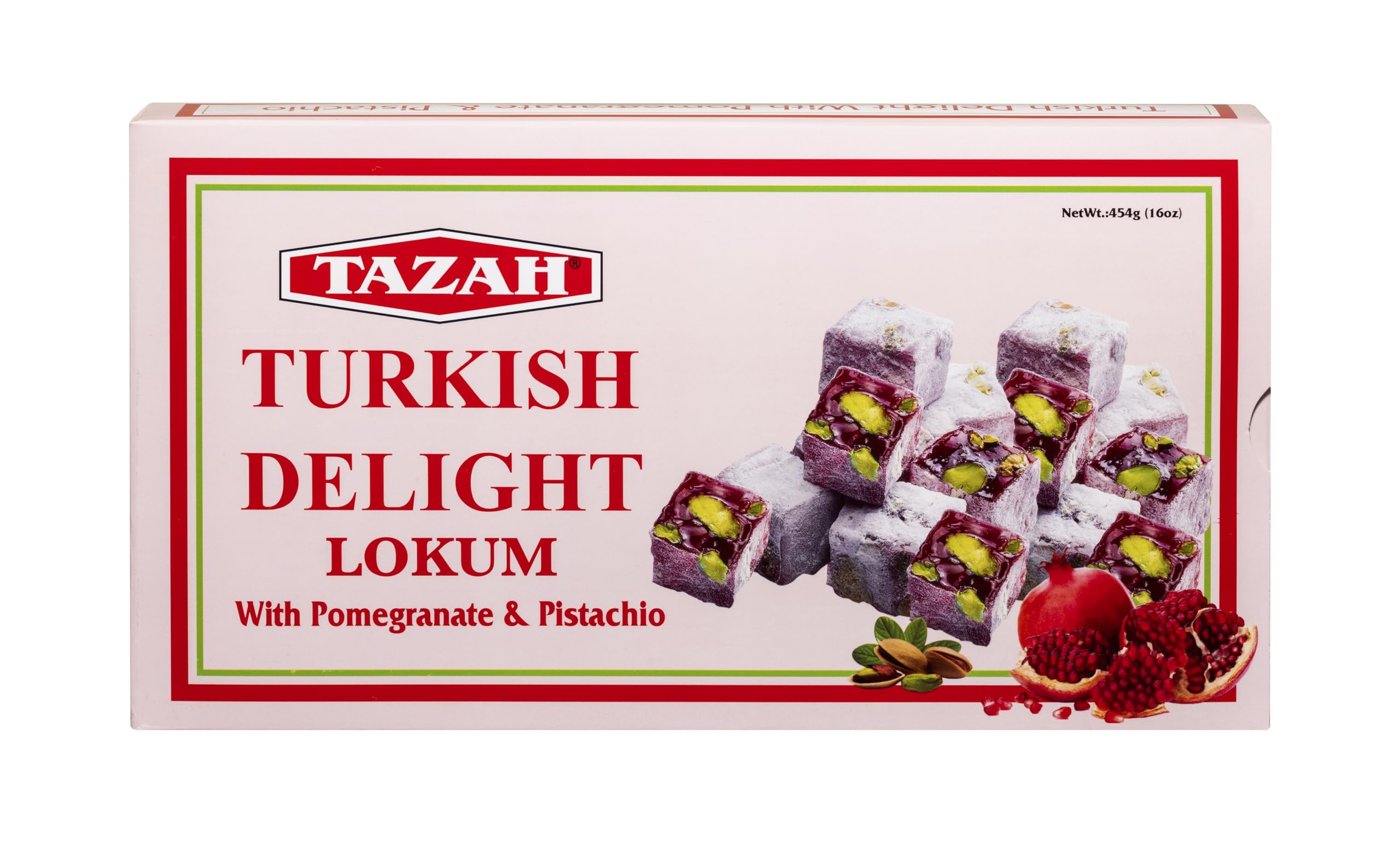 Tazah Turkish Delights Lokum Pomegranate & Pistachio 16oz (454g) Gluten Free, Vegetarian, Handmade, Halal