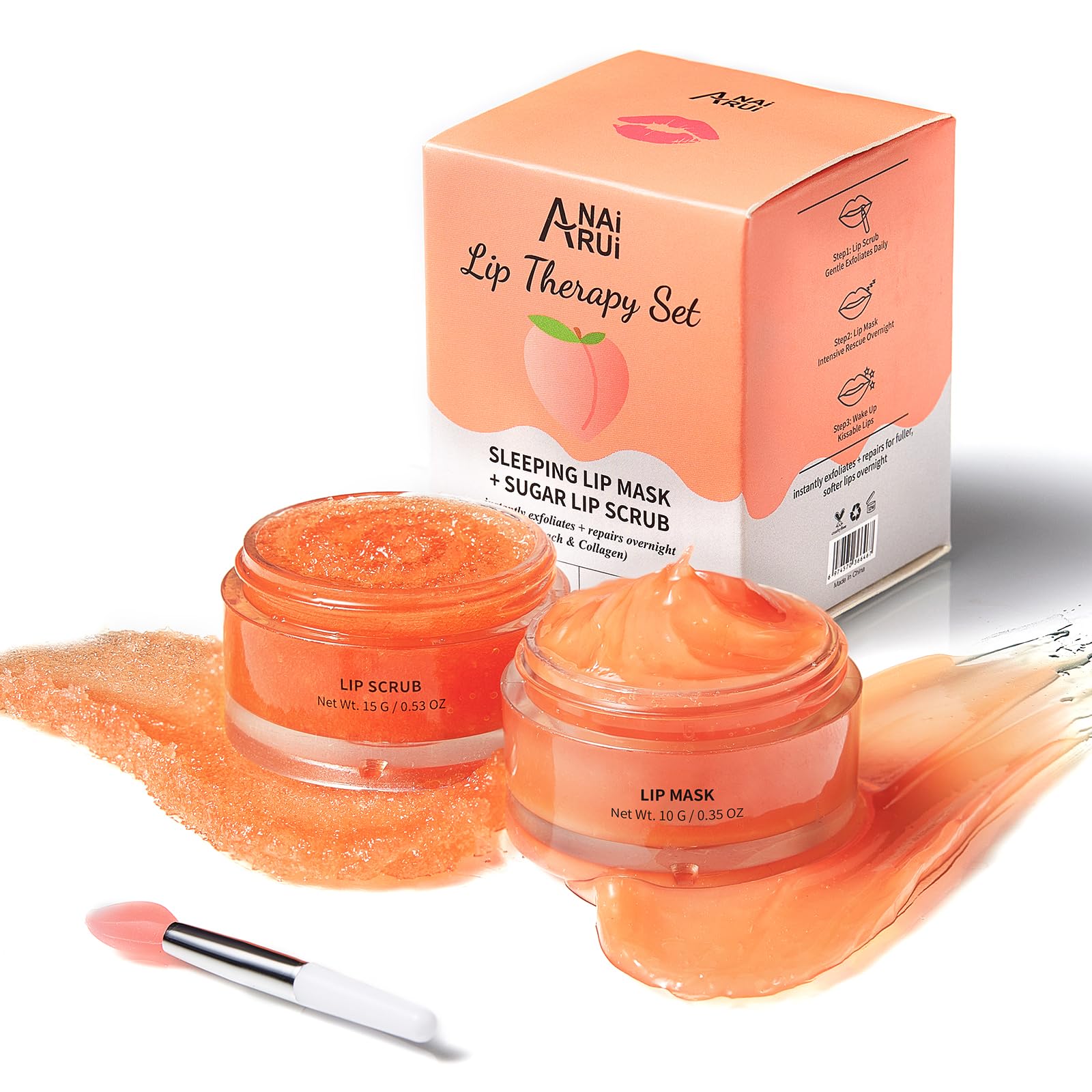 ANAI RUI Lip Balm Mask & Lip Scrub Set, Lip Care Kit, Overnight Lip Treatment with Lip Sleeping Mask & Sugar Lip Exfoliator Scrub, Lip Moisturizer for Dry, Chapped, Dark Lips, Reduce Fine Lines, Peach