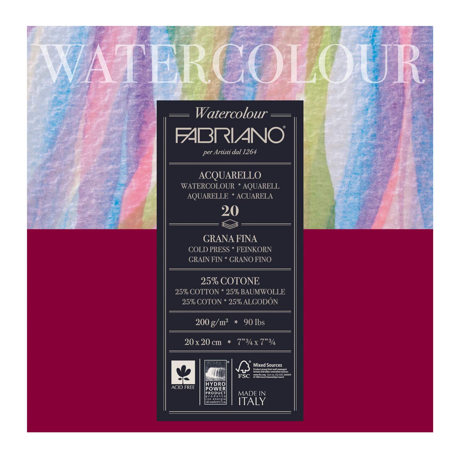 Fabriano72612020 Watercolour Paper Block , 20 x 20 cm ,20 Sheets ,200 gsm ,CP ,White