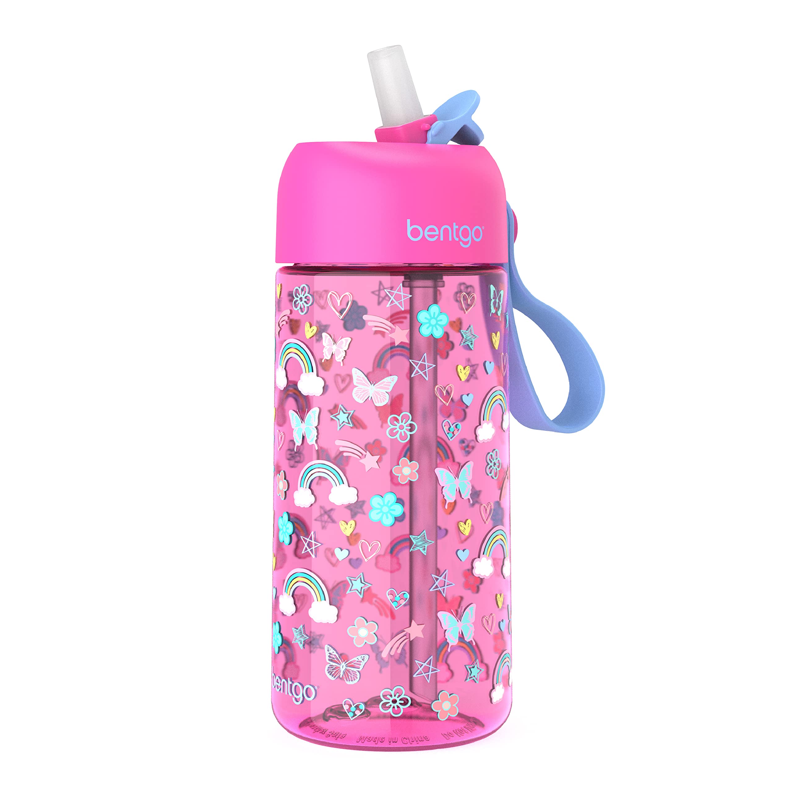 Bentgo® Kids Water Bottle - 15 oz. Leak-Proof, BPA-Free Cups for Toddlers & Children with Flip-Up Safe-Sip Straw for School, Sports, Daycare, Camp & More (Rainbows & Butterflies)