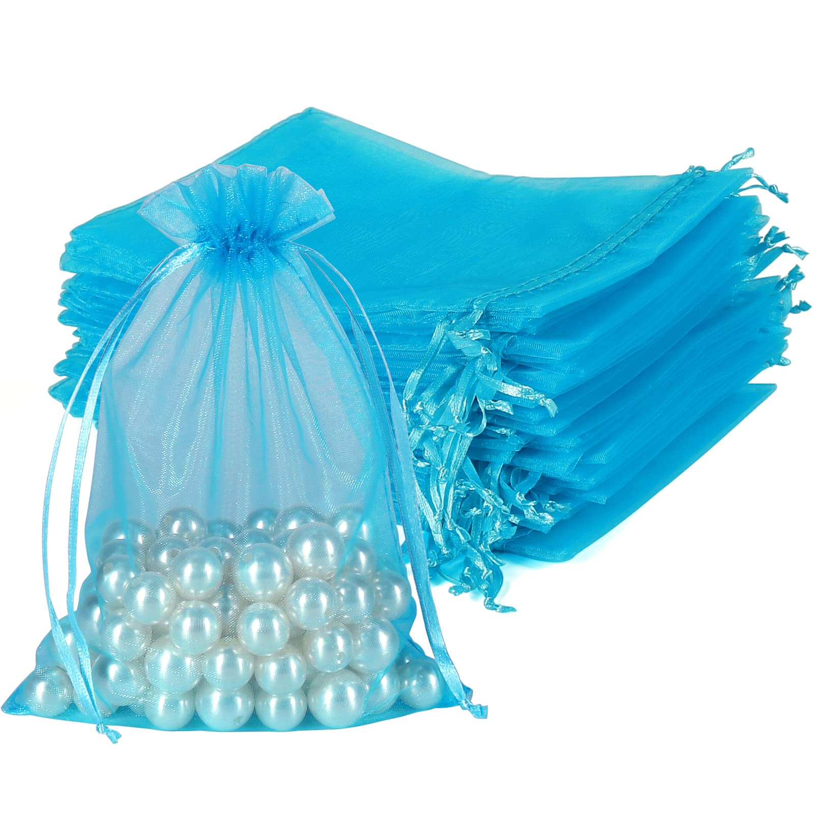 HRX Package Organza Gift Bags, 100pcs 13x18cm Turquoise Blue Medium Mesh Jewellery Drawstring Pouches for Wedding Party Favours