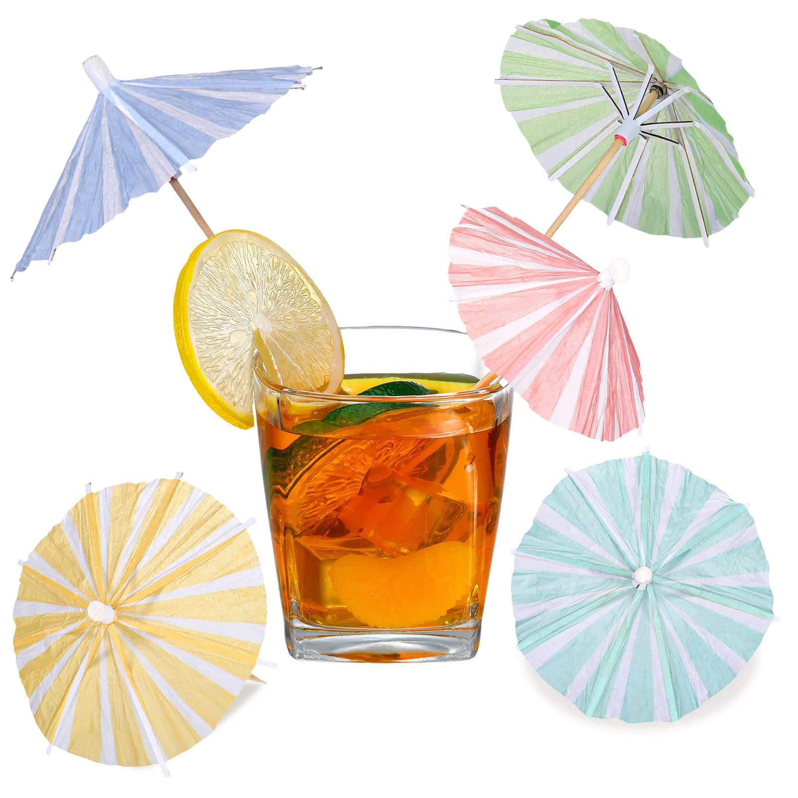 Cunhill 150 Pcs Drink Umbrellas Cocktail Picks Parasol Cocktail Umbrellas Sticks with Wood Toothpicks Vertical Stripes Paper Umbrella for Drinks for Summer Hawaiian Party Decoration Cupcake Toppers