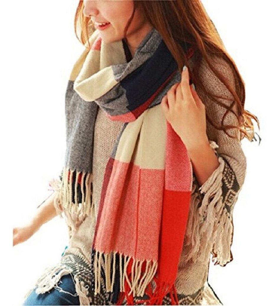 heekpek Winter Long Soft Warm Tartan Check Scarves Wraps for women Wool Spinning Tassel Shawl Long Stole