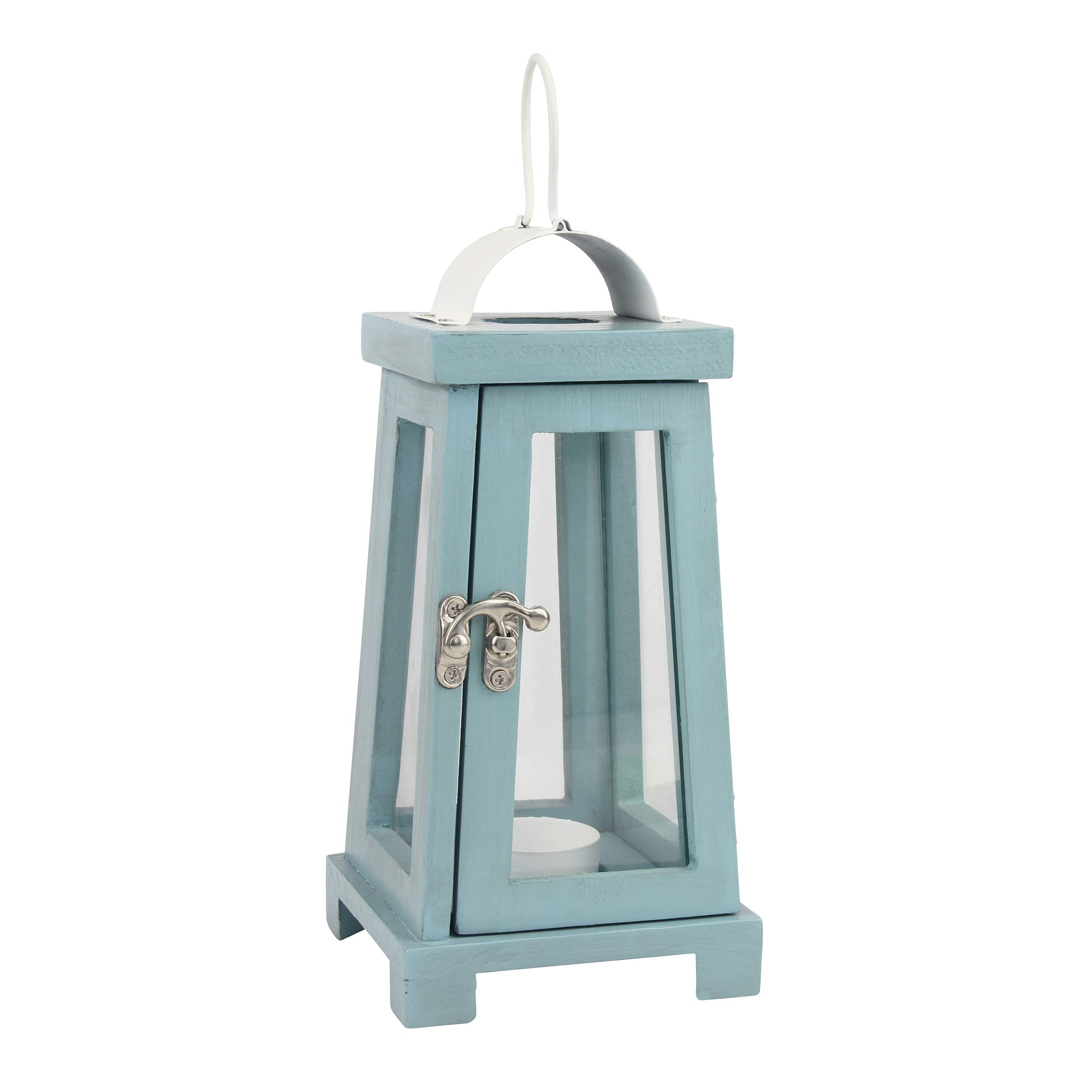 Stonebriar Coastal Wooden Tea Light Candle Lantern, 10.6 Inch, Worn Blue