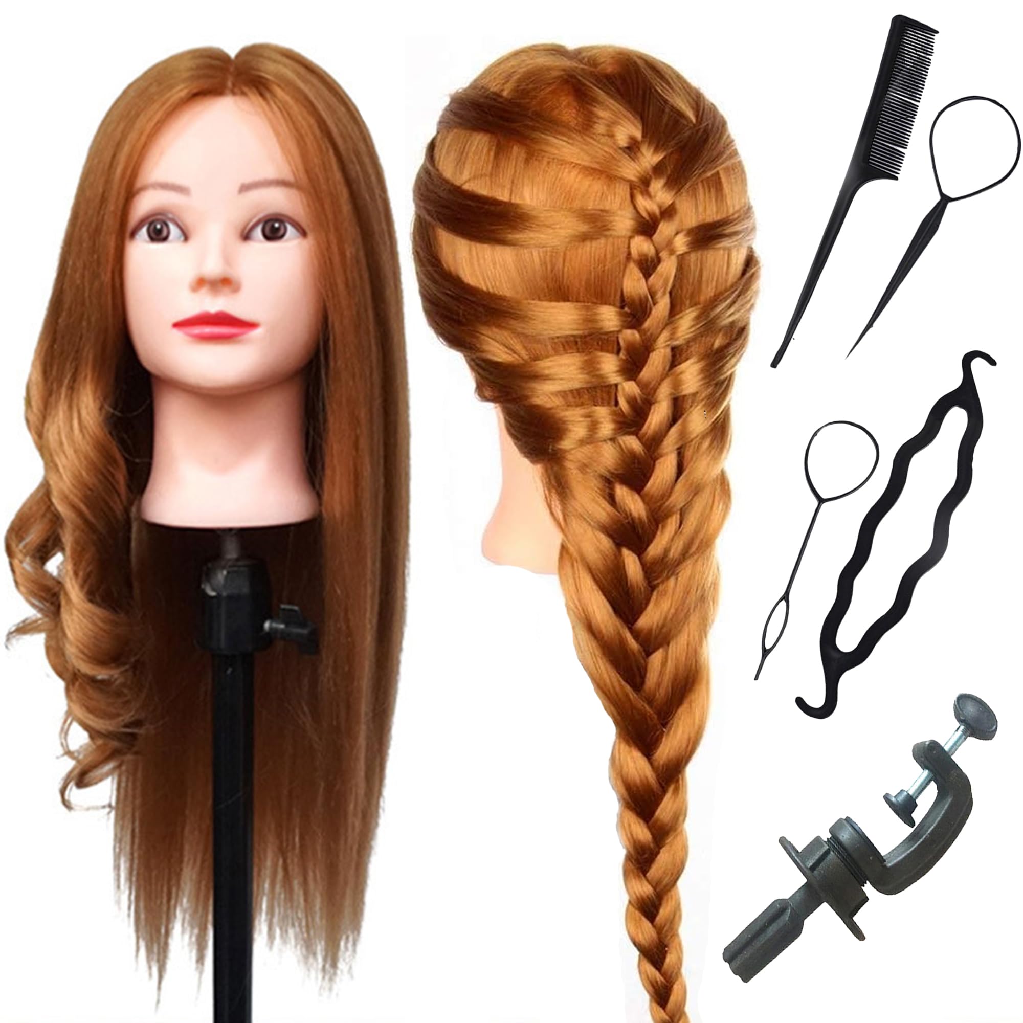 FGXY80% Real Hair Styling Head, Beauty Training Styling Headband Holder, Practice Head Hair Styling Tool Accessories Set, DIY Hair Styling Braiding Set(Golden)