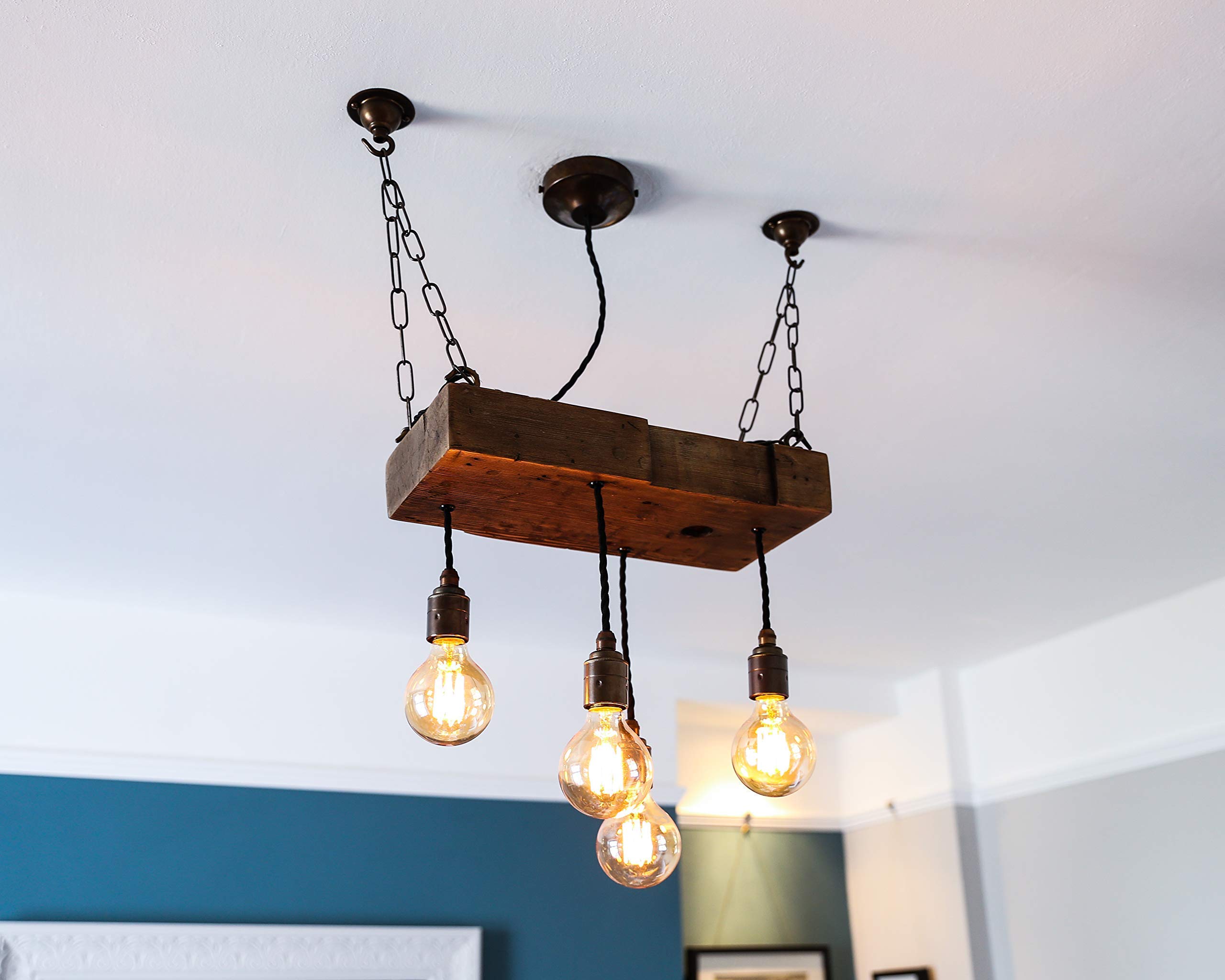 4 Bulb Reclaimed Rustic Wooden Beam Chandelier Ceiling Light Pendant for Exposed Vintage Bulbs Custom Built