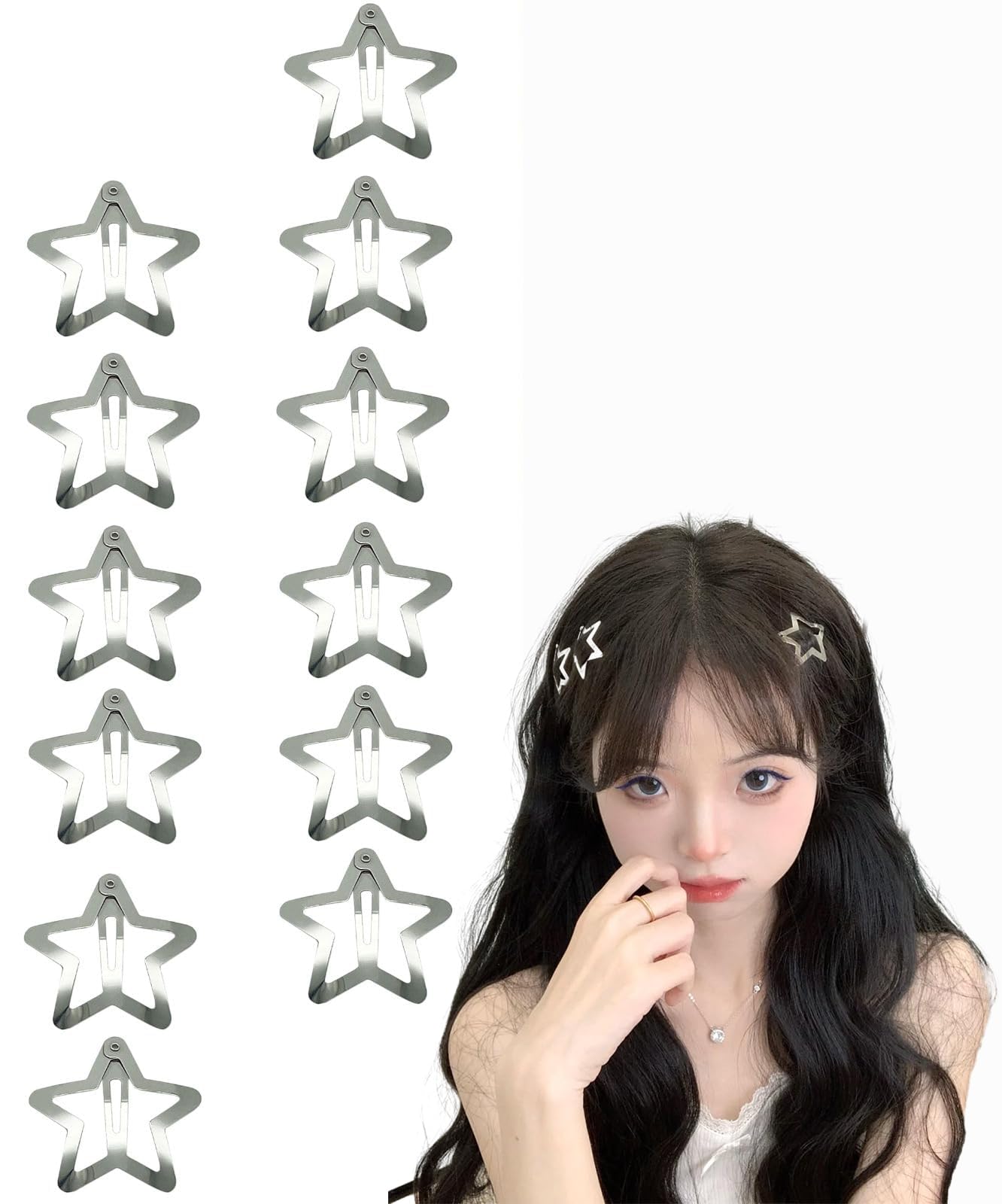 Duomama Y2K Silver Star Snap Hair Clips Set - 12 Metal Non-Slip Barrettes for Girls & Women - 1.61" Hair Accessories - for All Ages