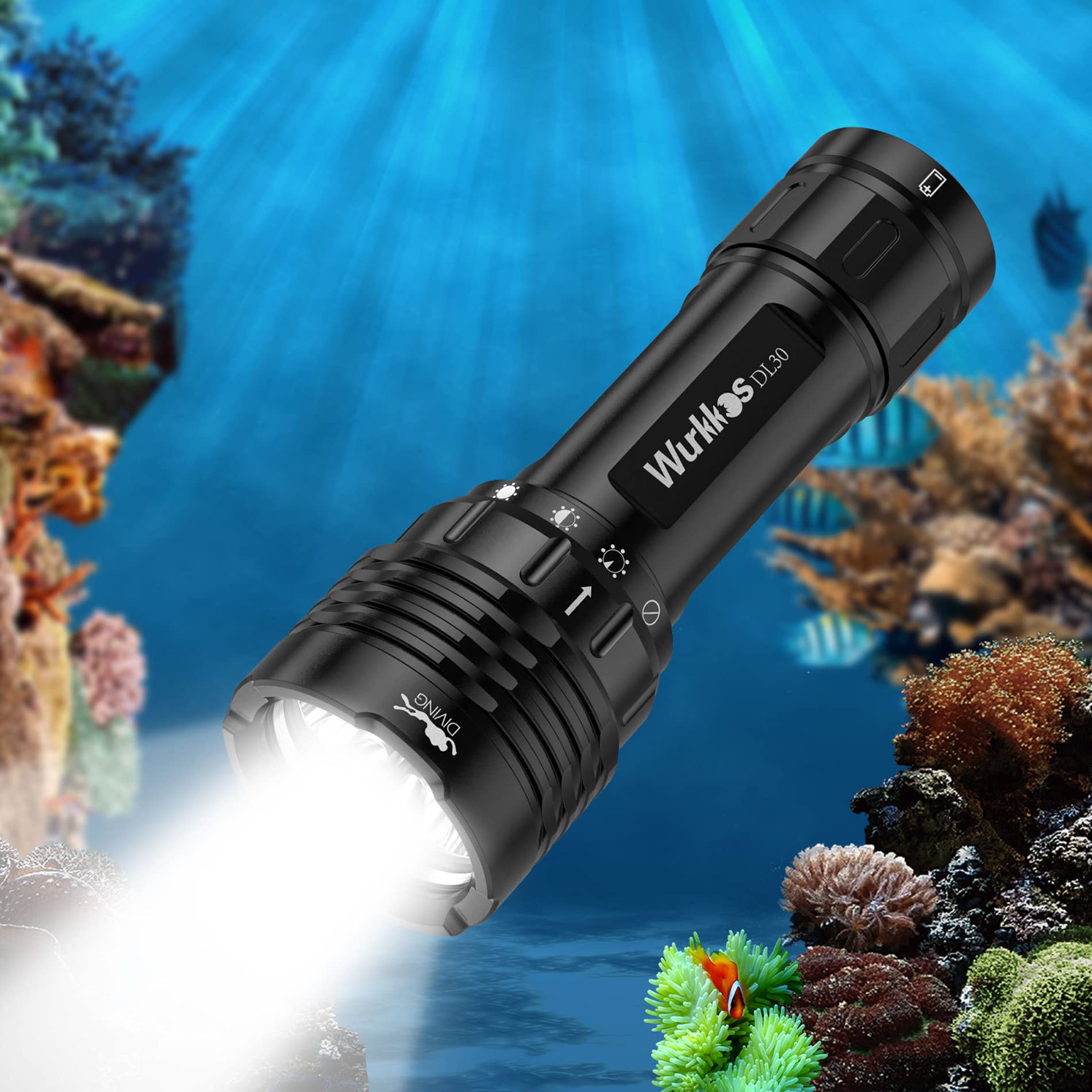 Wurkkos DL30 Diving Light, 3600 Lumens, Diving Flashlight, Rechargeable IPX8 Waterproof, 3 x Samsung LH351D LED Underwater Flashlight with 1 x 5000 mAh, 21700 Battery and Charger